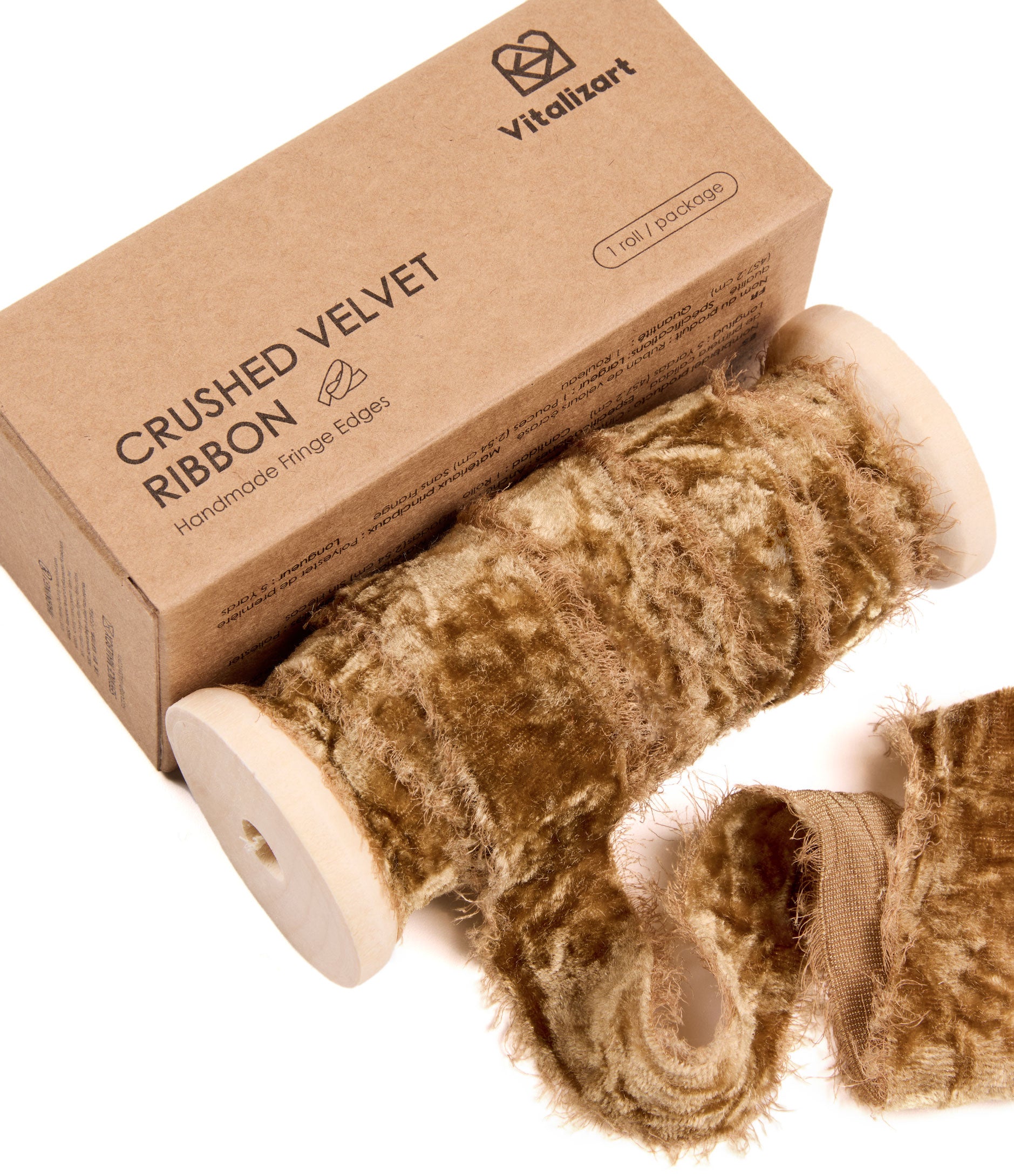 Velvet Ribbon for Christmas Frayed Edges Glossy 1" X 5 YD (Khaki) - Vitalizart
