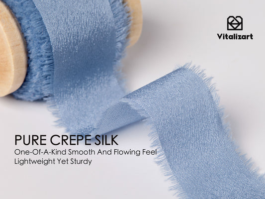Frayed Fringe Crepe Silk Satin Ribbon 1" x 21 Yard (Blue & White)