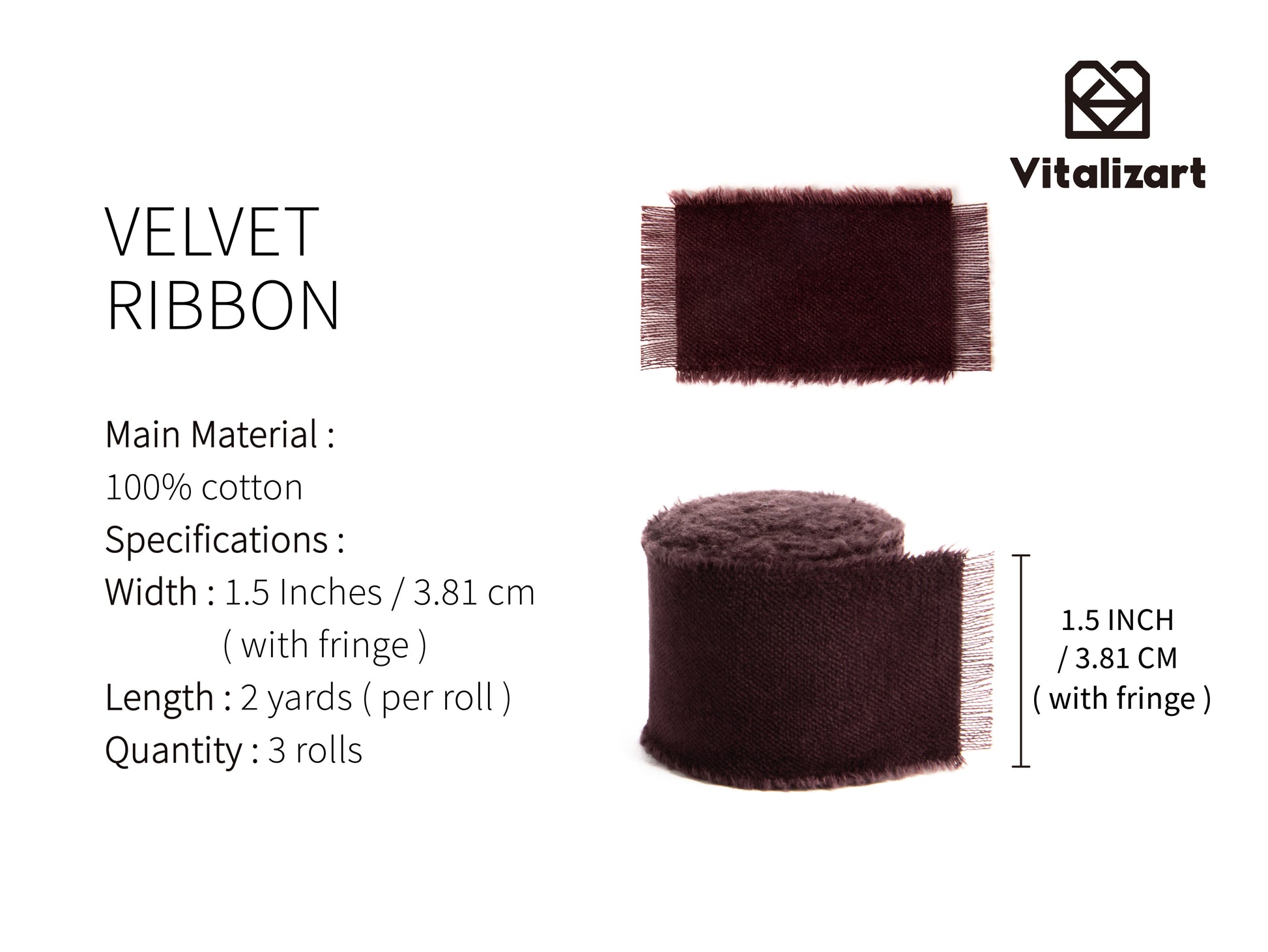 Frayed Fringe Velvet Ribbon 1.5" x 6 Yd (Dark Brown) - Vitalizart