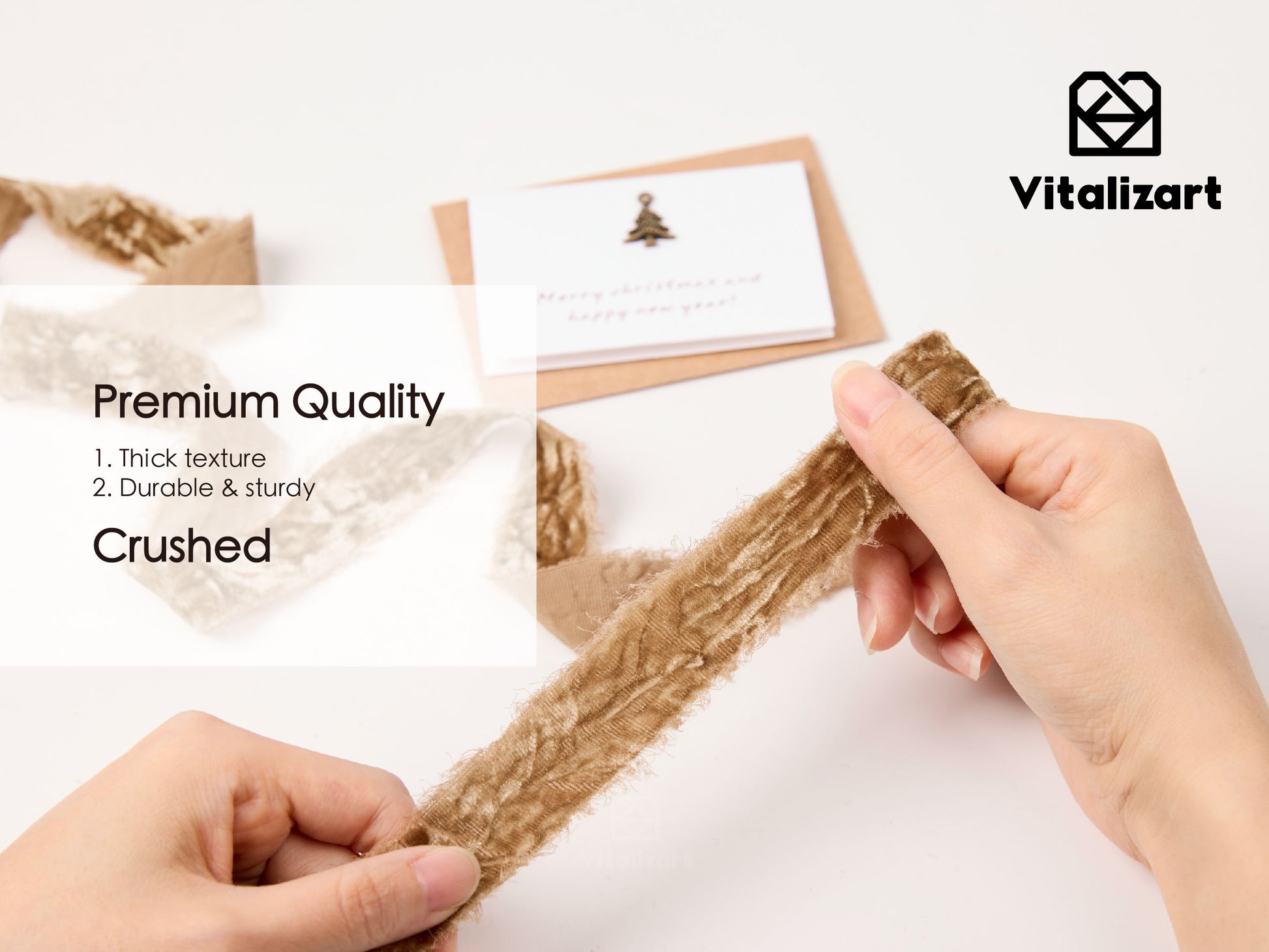 Velvet Ribbon for Christmas Frayed Edges Glossy 1" X 5 YD (Khaki) - Vitalizart