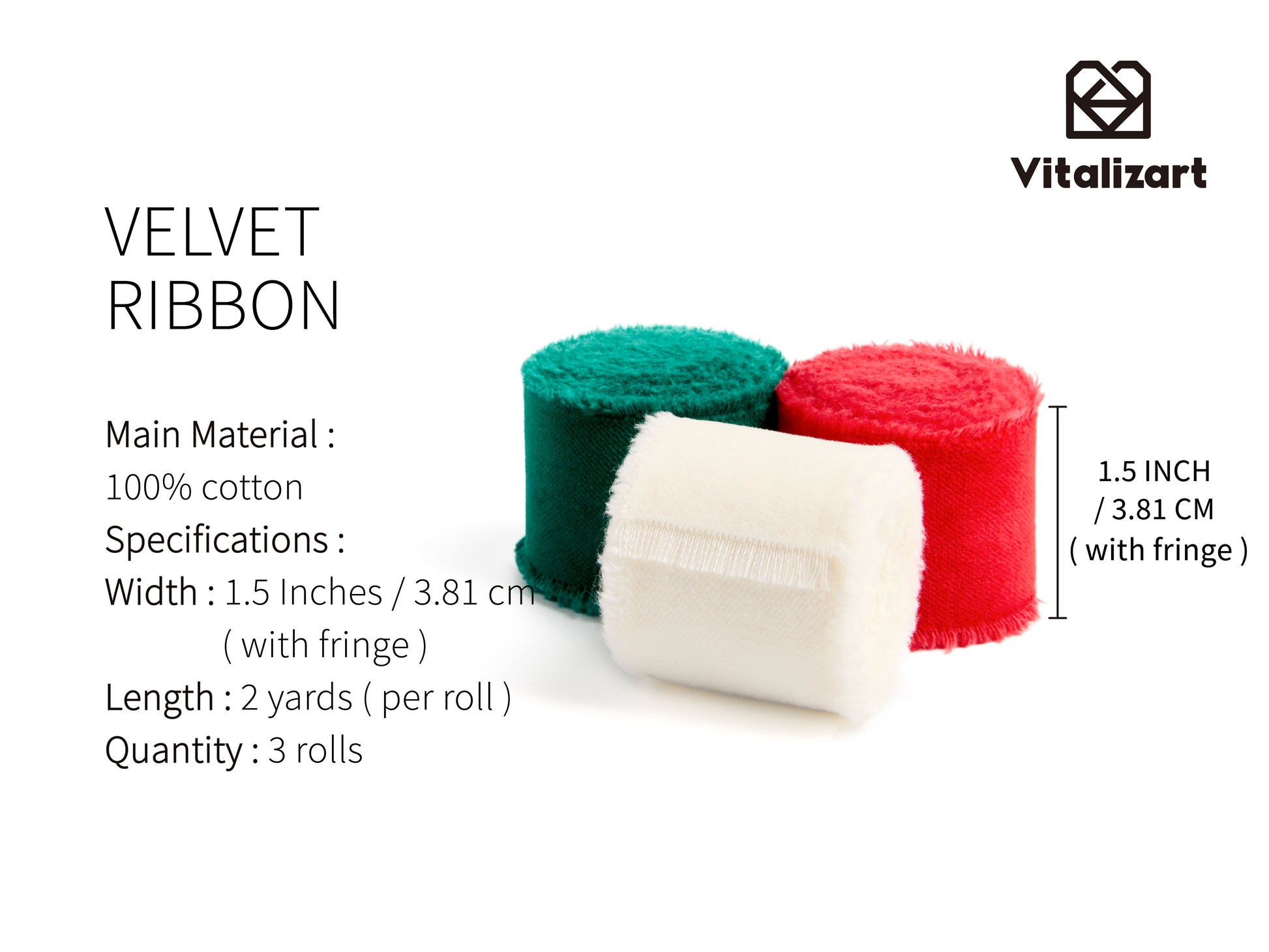 Frayed Fringe Velvet Ribbon for Christmas 1.5" x 6 Yd (White Red Green) - Vitalizart