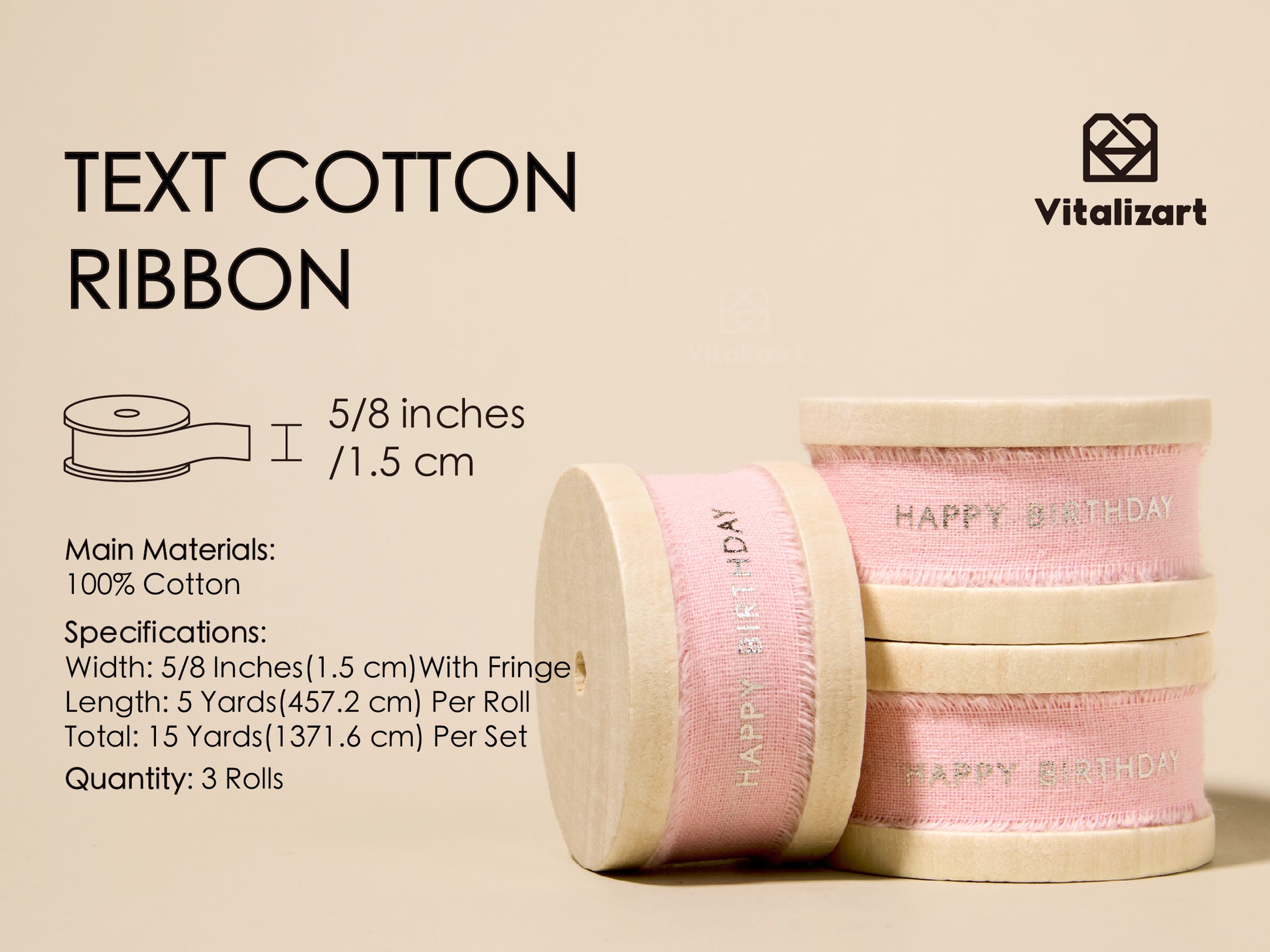 Custom Cotton Ribbon 5/8" x 15 Yd (HAPPY BIRTHDAY) - Vitalizart