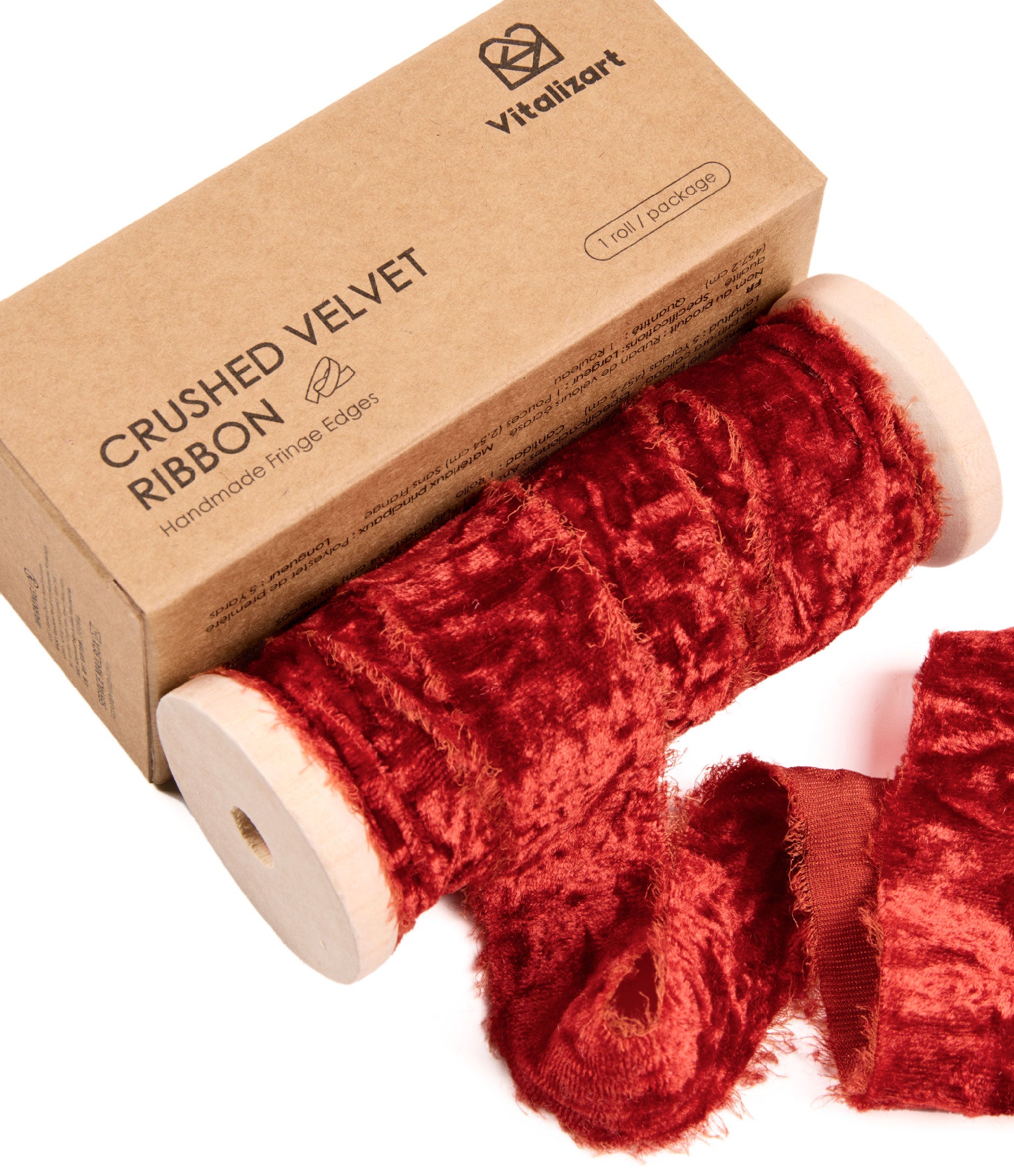 Velvet Ribbon for Christmas Frayed Edges Glossy 1" X 5 YD (Red) - Vitalizart