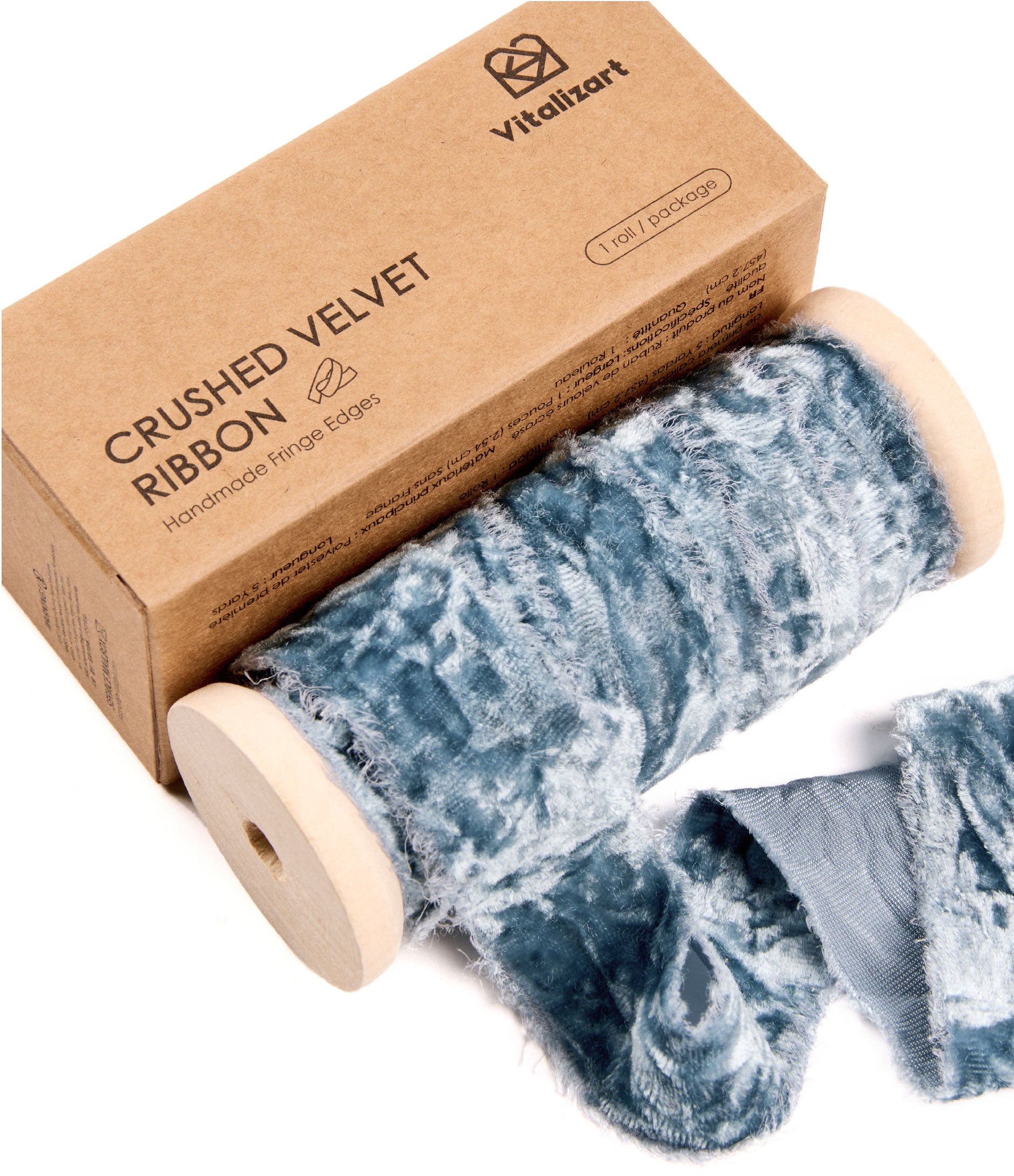 Velvet Ribbon for Christmas Frayed Edges Glossy 1" X 5 YD (Dusty Blue) - Vitalizart