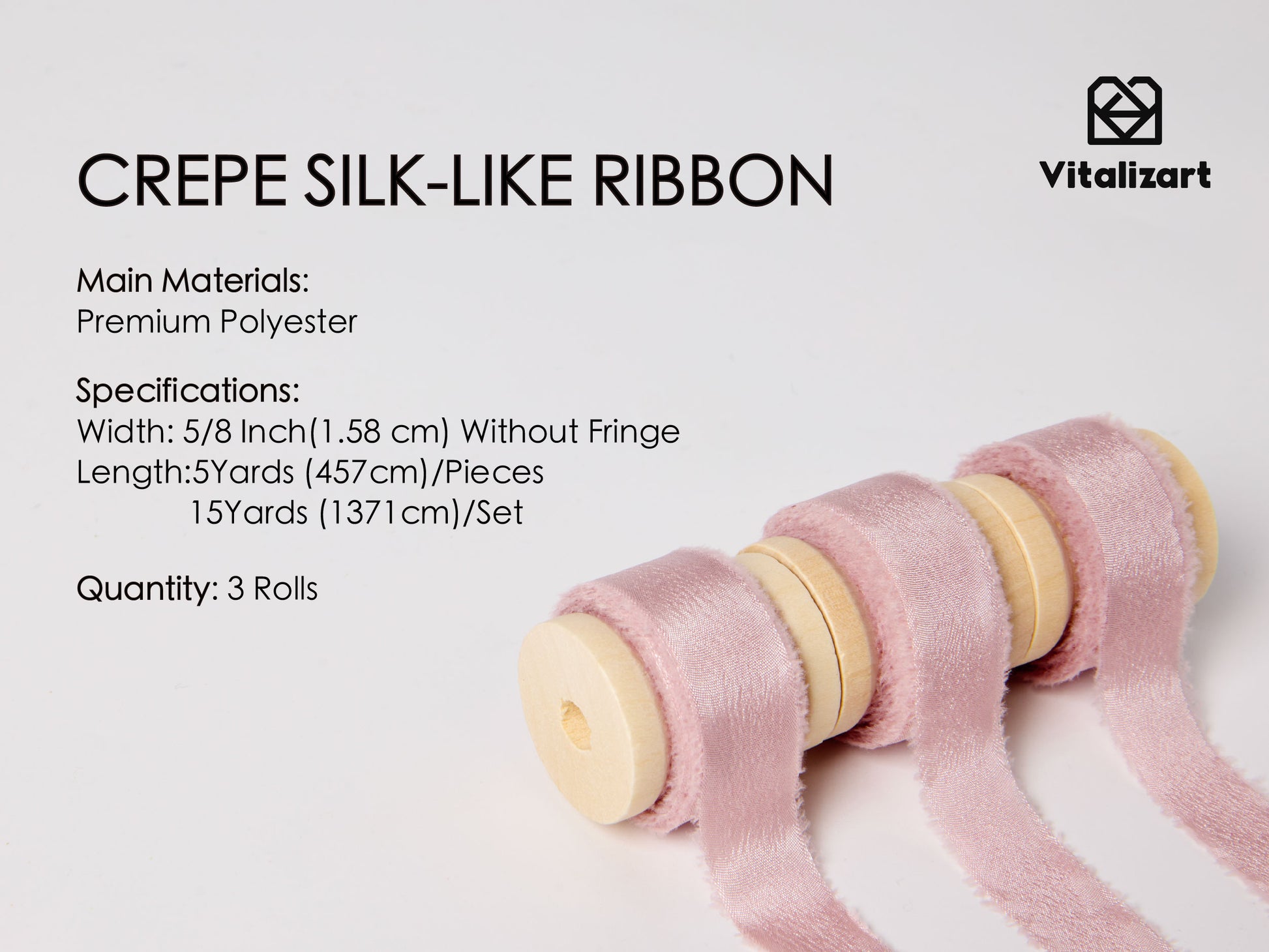 Frayed Fringe Crepe Silk Satin Ribbon 5/8" x 15 Yard (Blush Pink) - Vitalizart