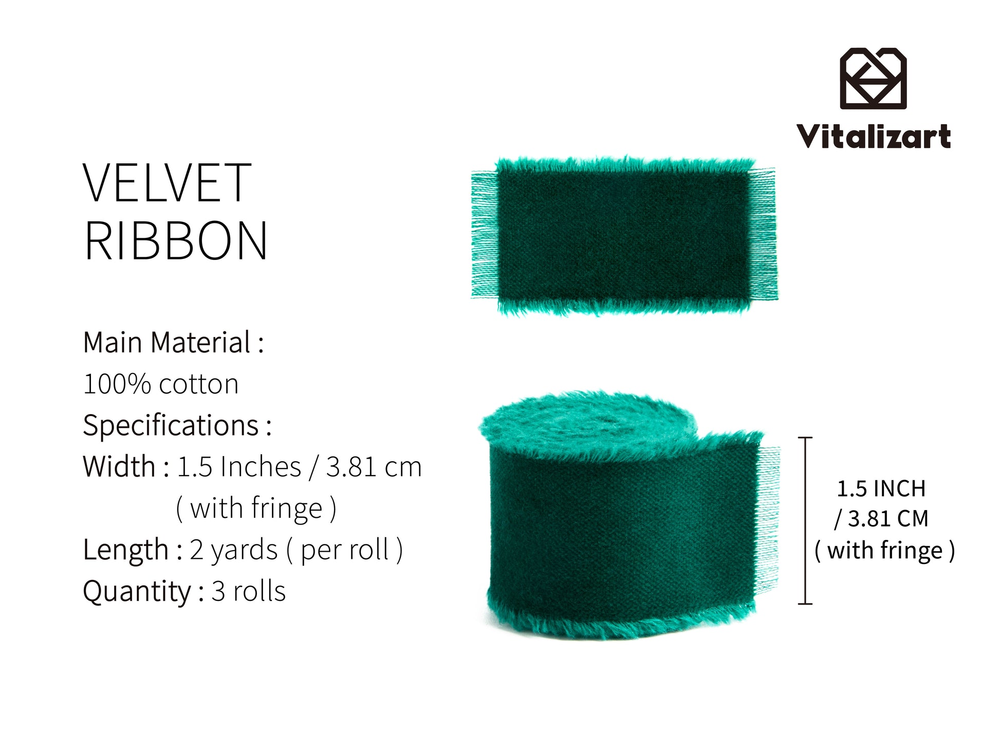 Frayed Fringe Velvet Ribbon for Christmas 1.5" x 6 Yd (Dark Green) - Vitalizart