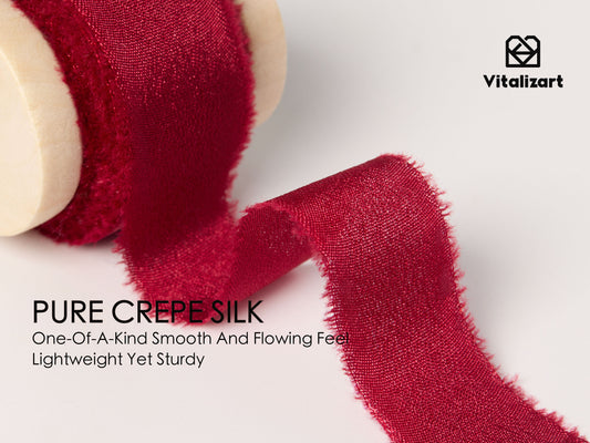 Frayed Fringe Crepe Silk Satin Ribbon 5/8" x 15 Yard (Burgundy Red)
