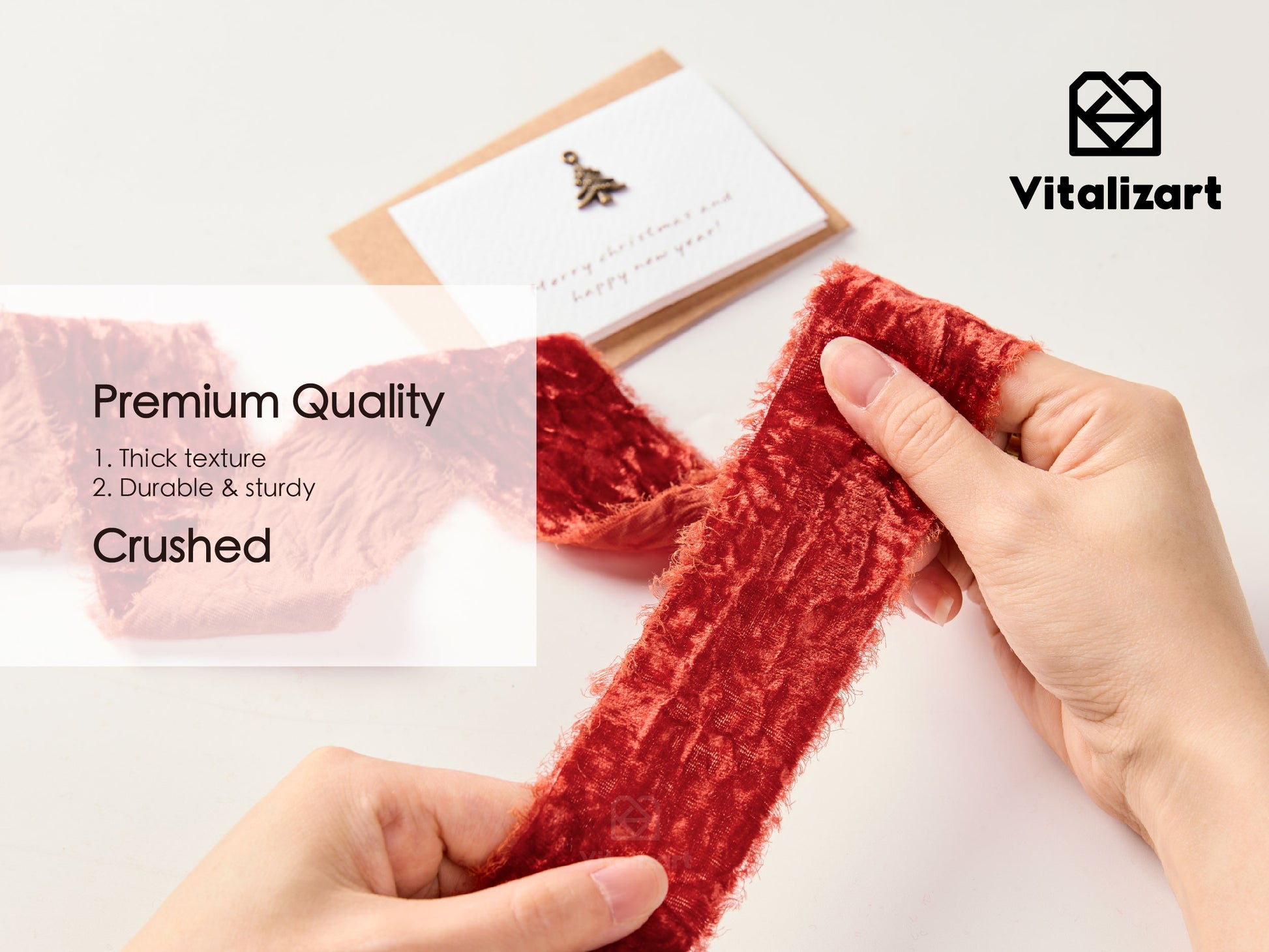Velvet Ribbon for Christmas Frayed Edges Glossy 2" X 3 YD (Rust Red) - Vitalizart