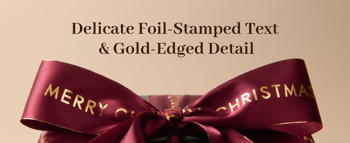 Printed gold foil satin ribbon presented in a festive styling scene