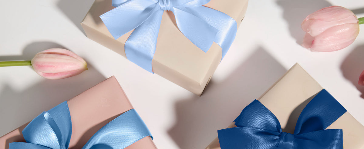 Navy and dusty blue double face satin ribbon for gift wrapping and crafts