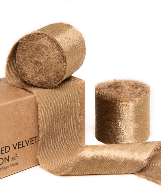 Frayed Edges Glossy Velvet Ribbon For Christmas 1.5"x 5YD (Khaki)