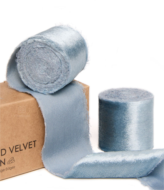Frayed Edges Glossy Velvet Ribbon For Christmas 1.5"x 5YD (Dusty Blue)