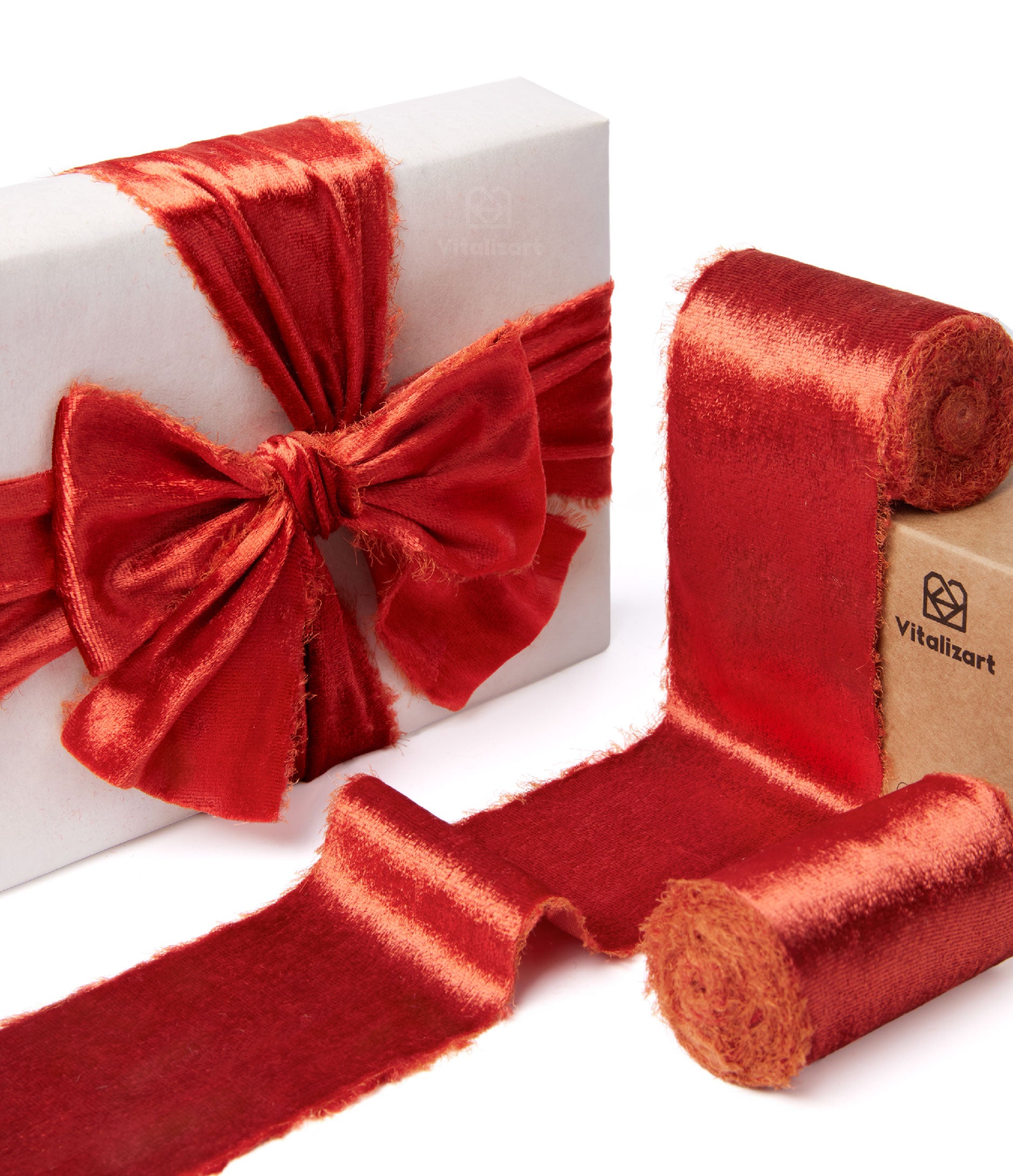 Frayed Edges Glossy Velvet Ribbon For Christmas 2.5"x 5YD (Rust Red) - Vitalizart