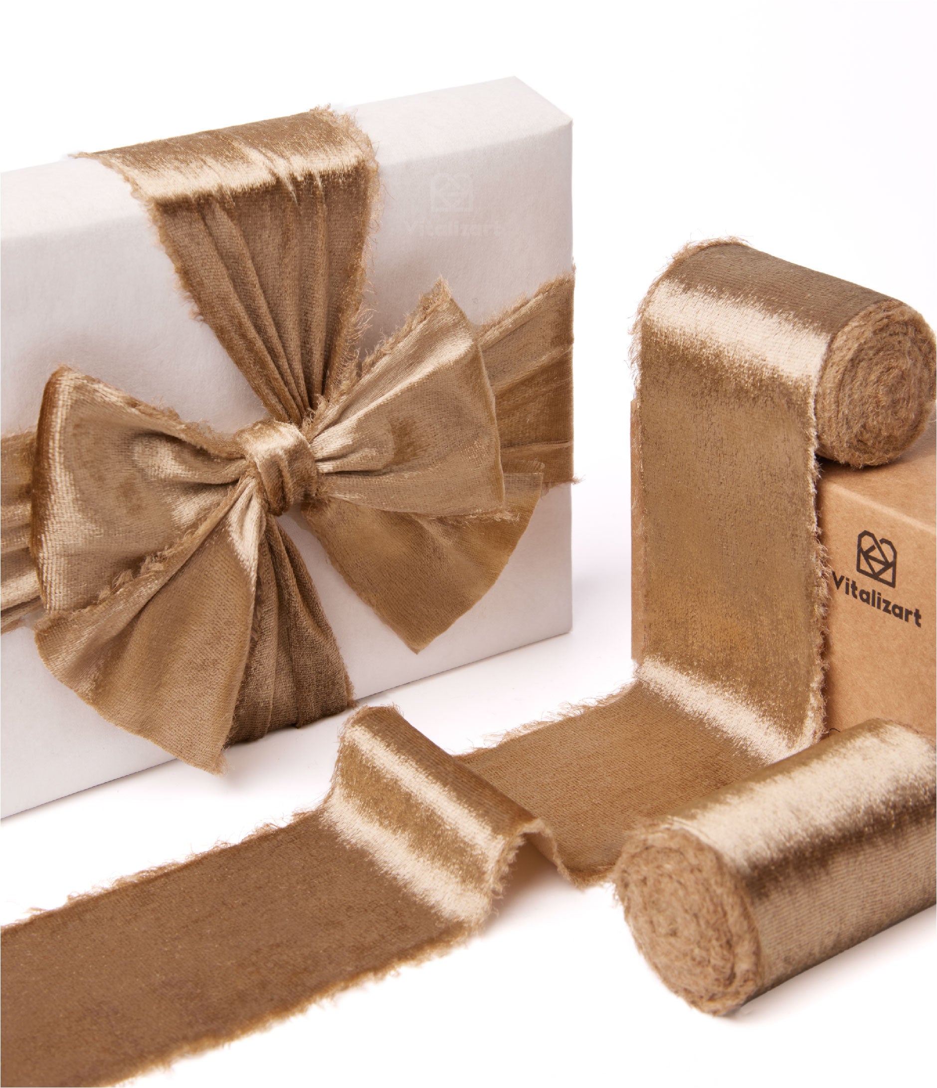 Frayed Edges Glossy Velvet Ribbon For Christmas 2.5"x 5YD (Khaki) - Vitalizart