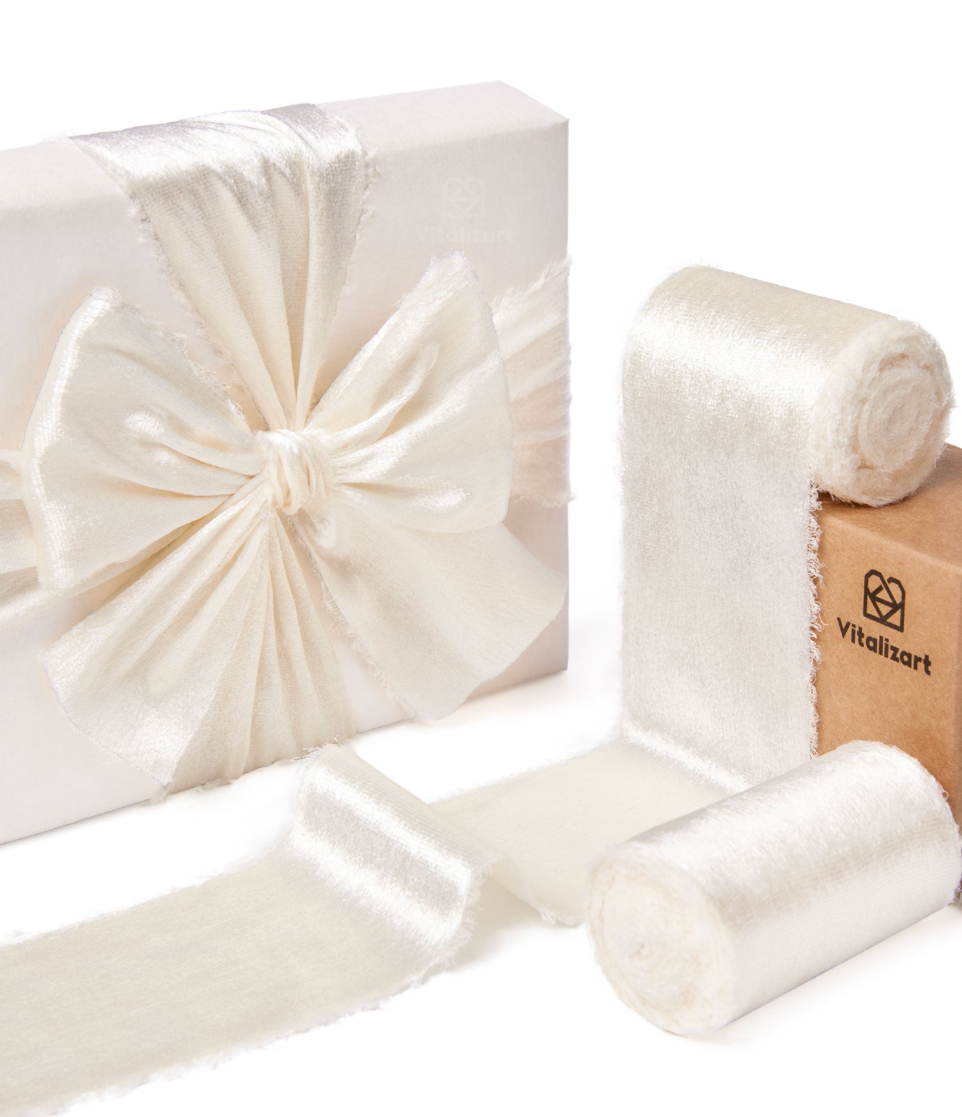 Frayed Edges Glossy Velvet Ribbon For Christmas 2.5"x 5YD (White) - Vitalizart