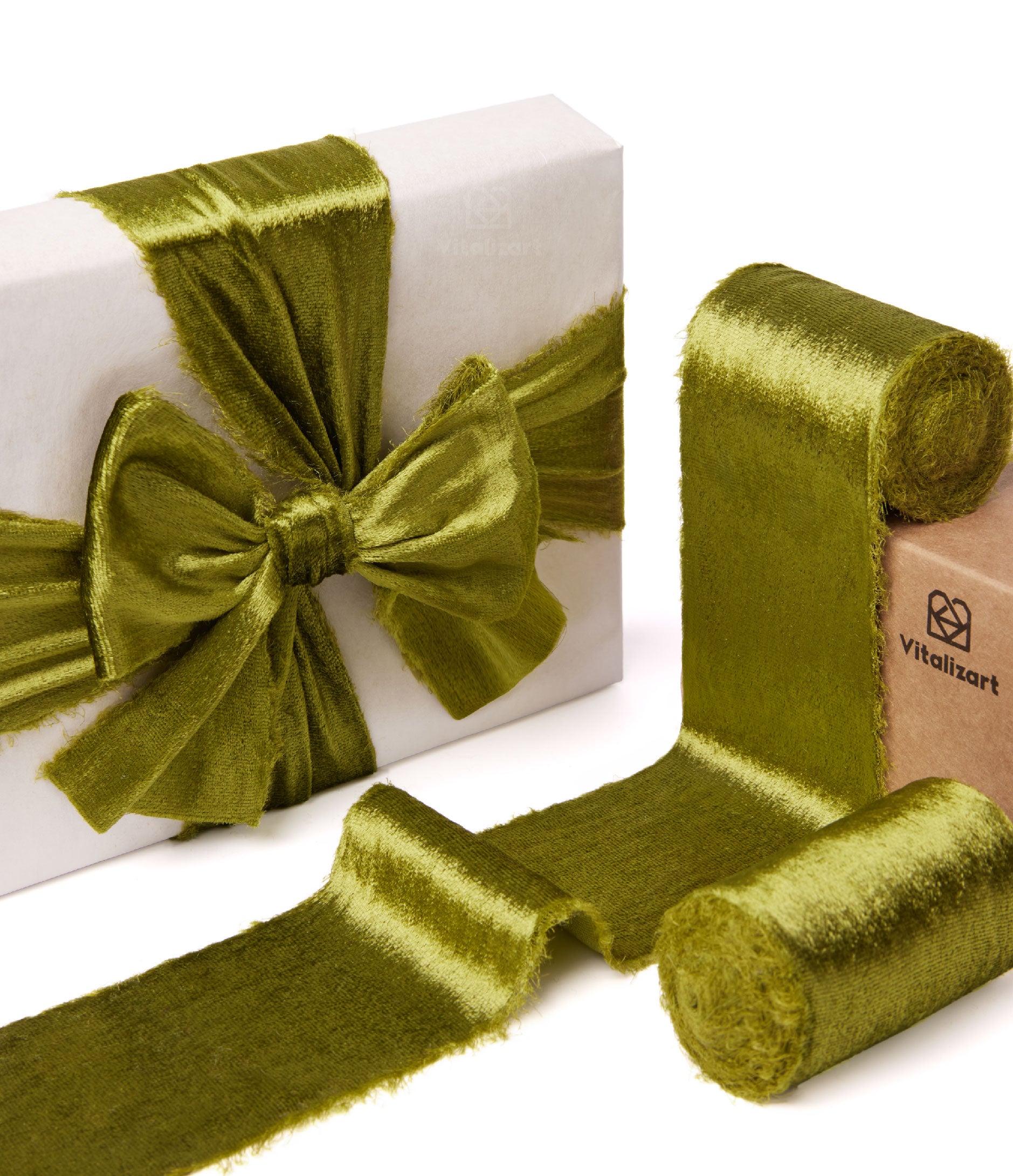 Frayed Edges Glossy Velvet Ribbon For Christmas 2.5"x 5YD (Green) - Vitalizart
