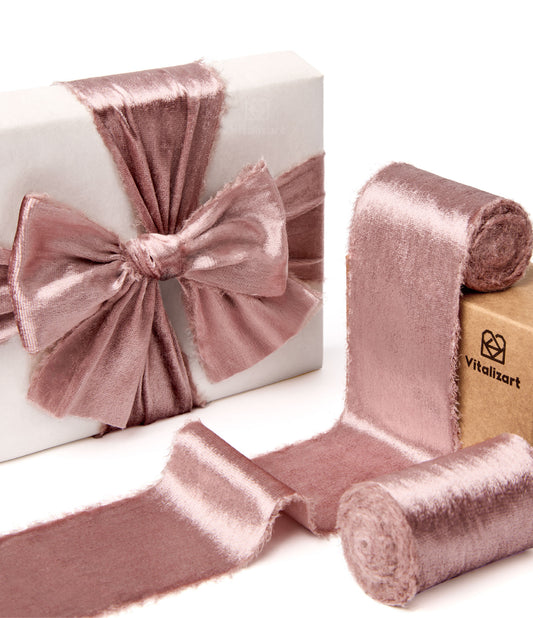Frayed Edges Glossy Velvet Ribbon For Christmas 2.5"x 5YD (Pink)