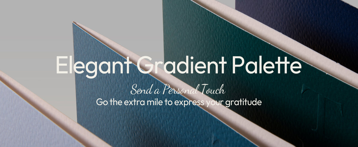 Blue, green, sage, and gray thank you cards with matching envelopes in a coordinated 32-piece set