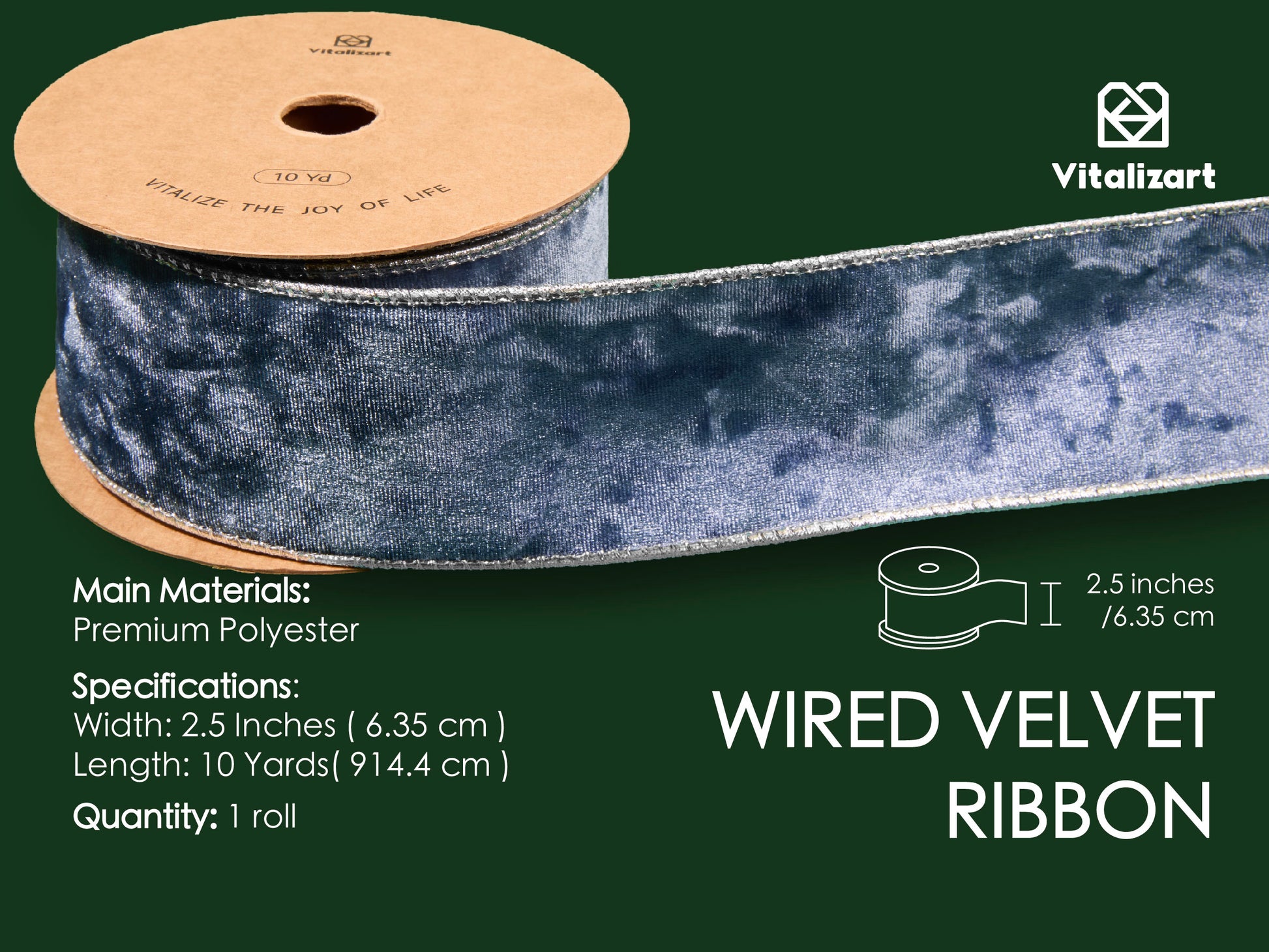 Wired Velvet Metallic Crushed Ribbon 2.5" x 10 Yd (Dusty Blue) - Vitalizart