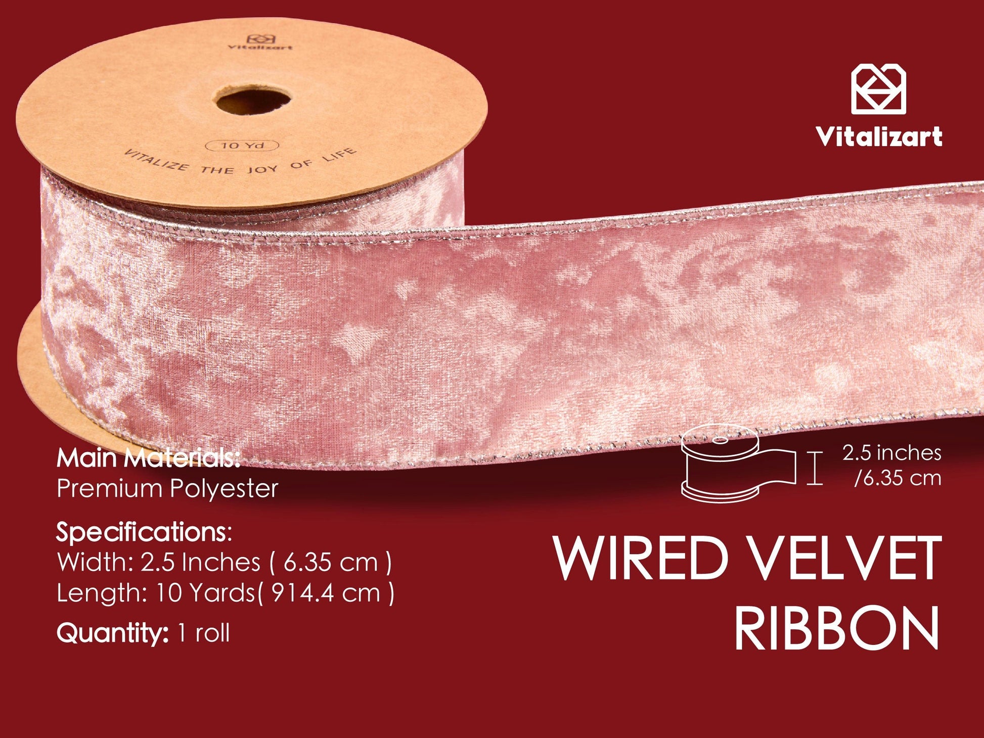 Wired Velvet Metallic Crushed Ribbon 2.5" x 10 Yd (Pink) - Vitalizart