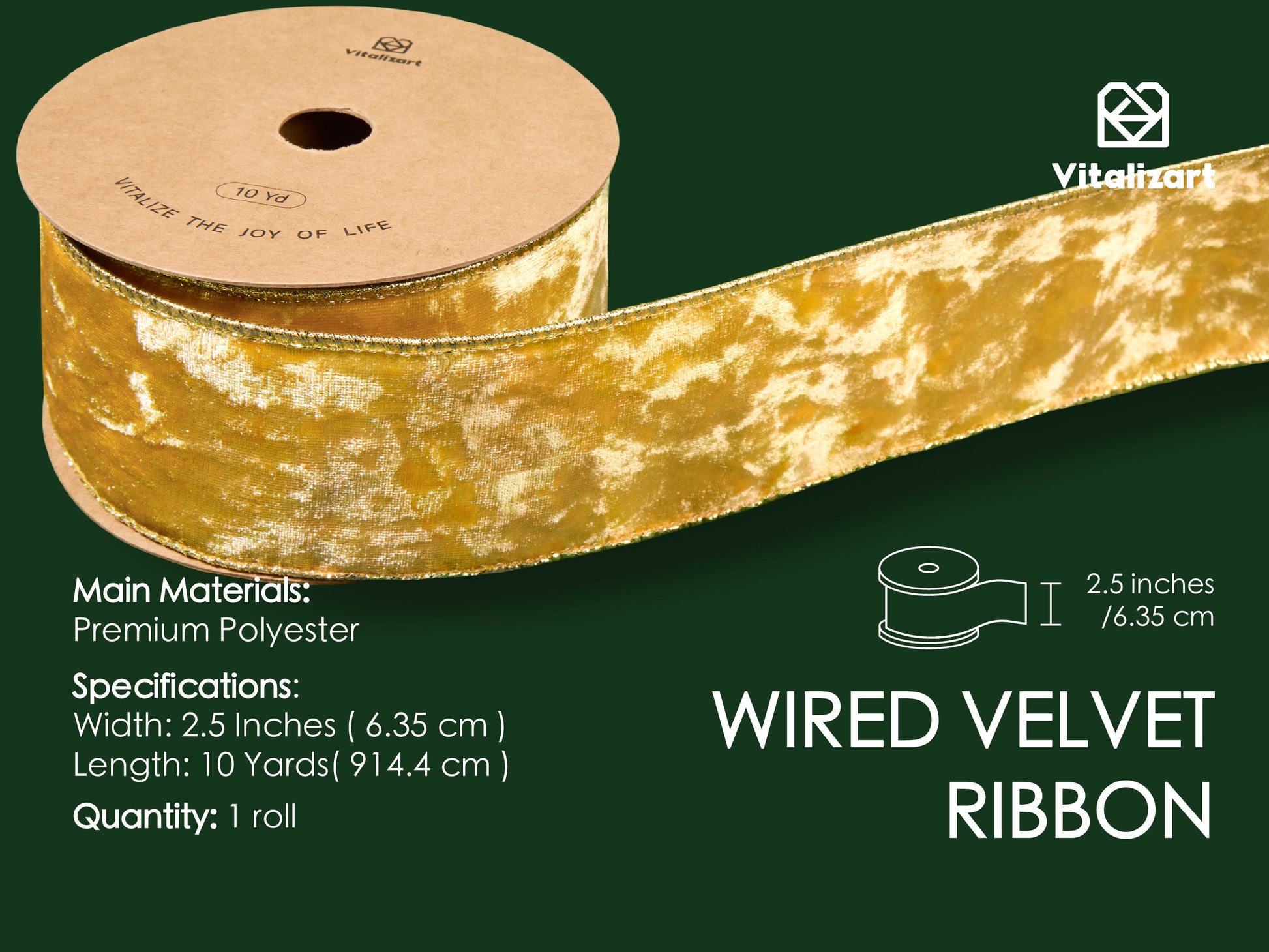 Wired Velvet Metallic Crushed Ribbon 2.5" x 10 Yd (Gold) - Vitalizart