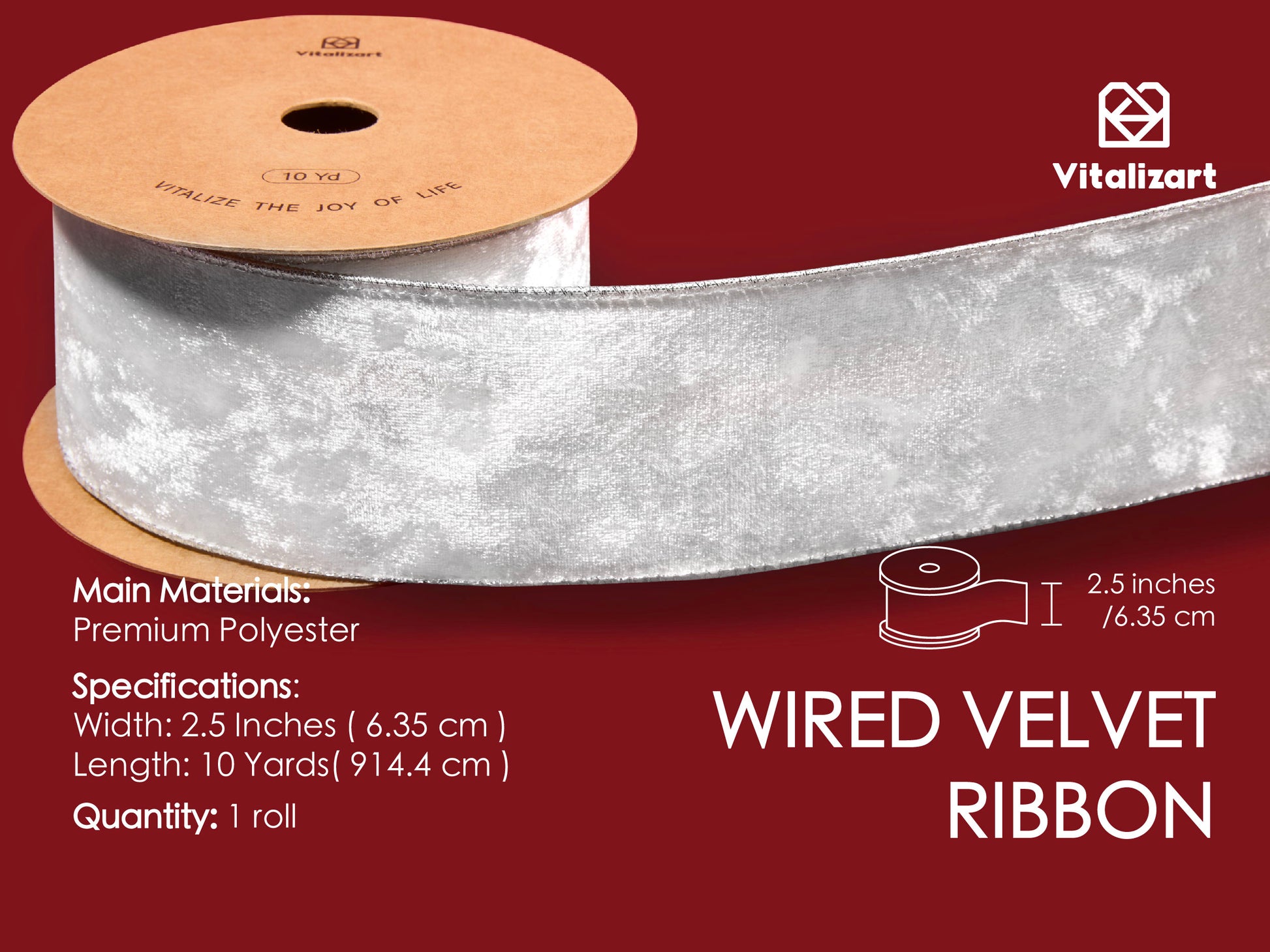 Wired Velvet Metallic Crushed Ribbon 2.5" x 10 Yd (White) - Vitalizart