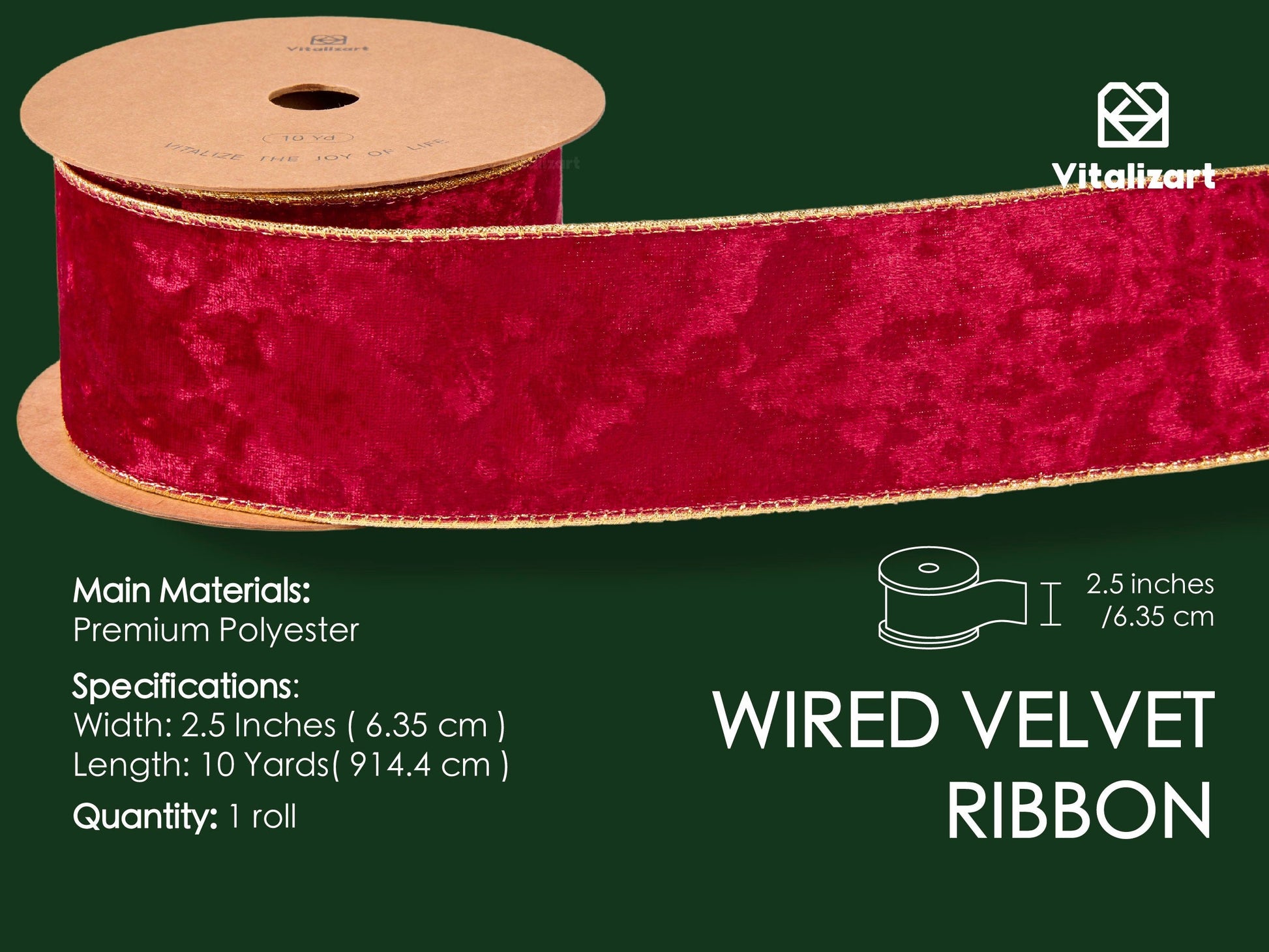 Wired Velvet Metallic Crushed Ribbon 2.5" x 10 Yd (Red) - Vitalizart