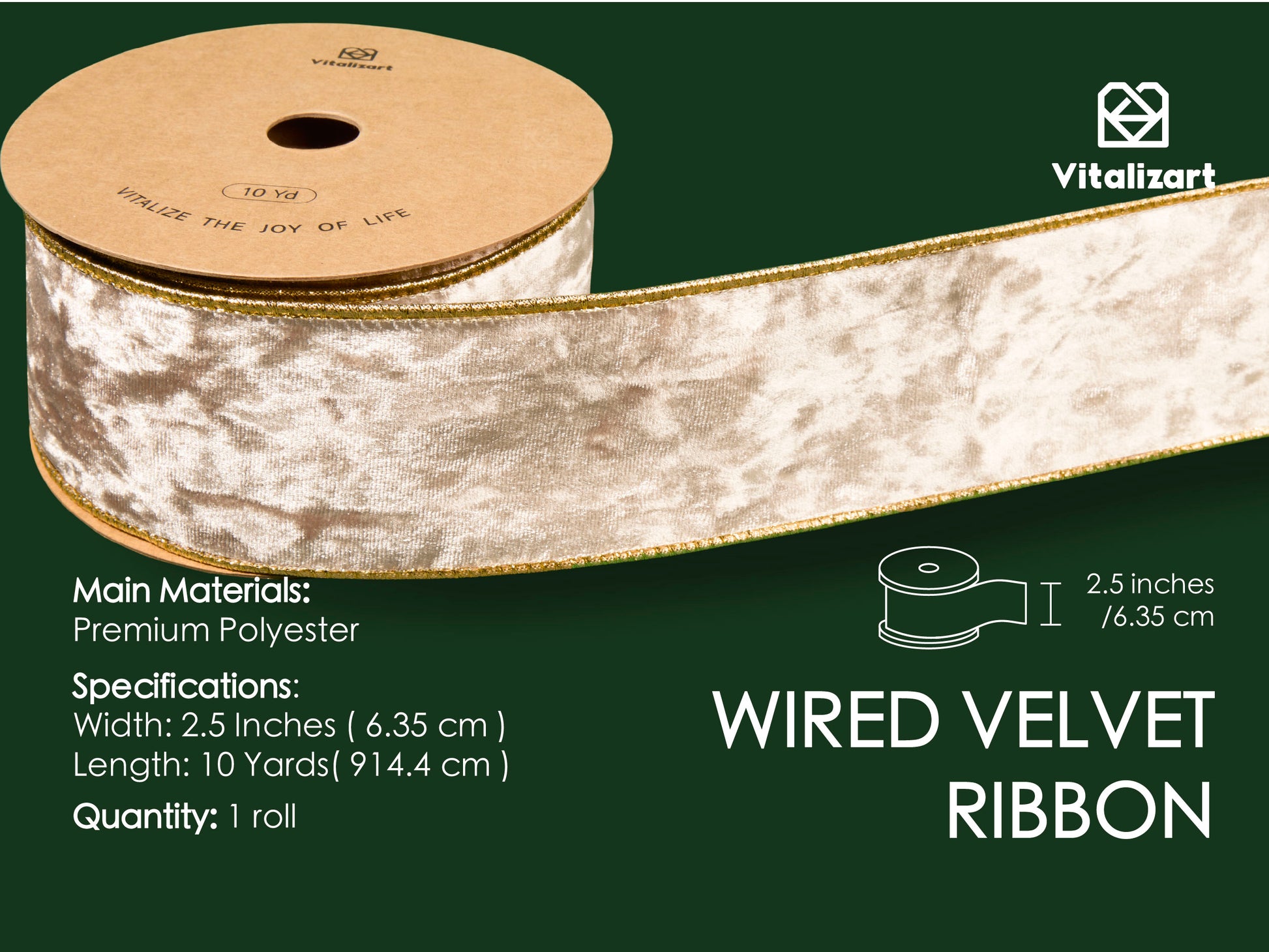 Wired Velvet Metallic Crushed Ribbon 2.5" x 10 Yd (Champagne) - Vitalizart