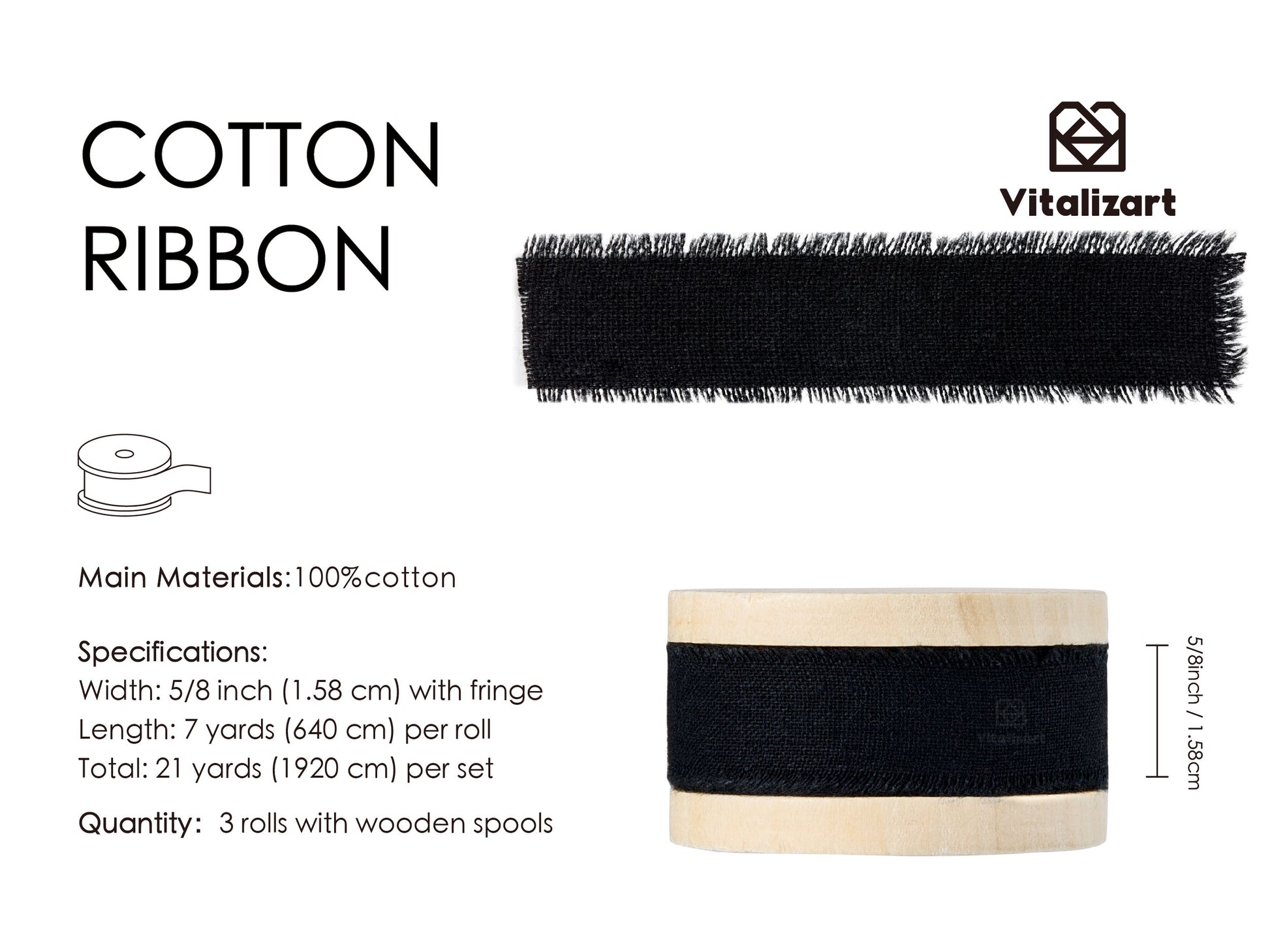 Cotton Ribbon Handmade Fringe 5/8" x 21 Yd (Black) - Vitalizart