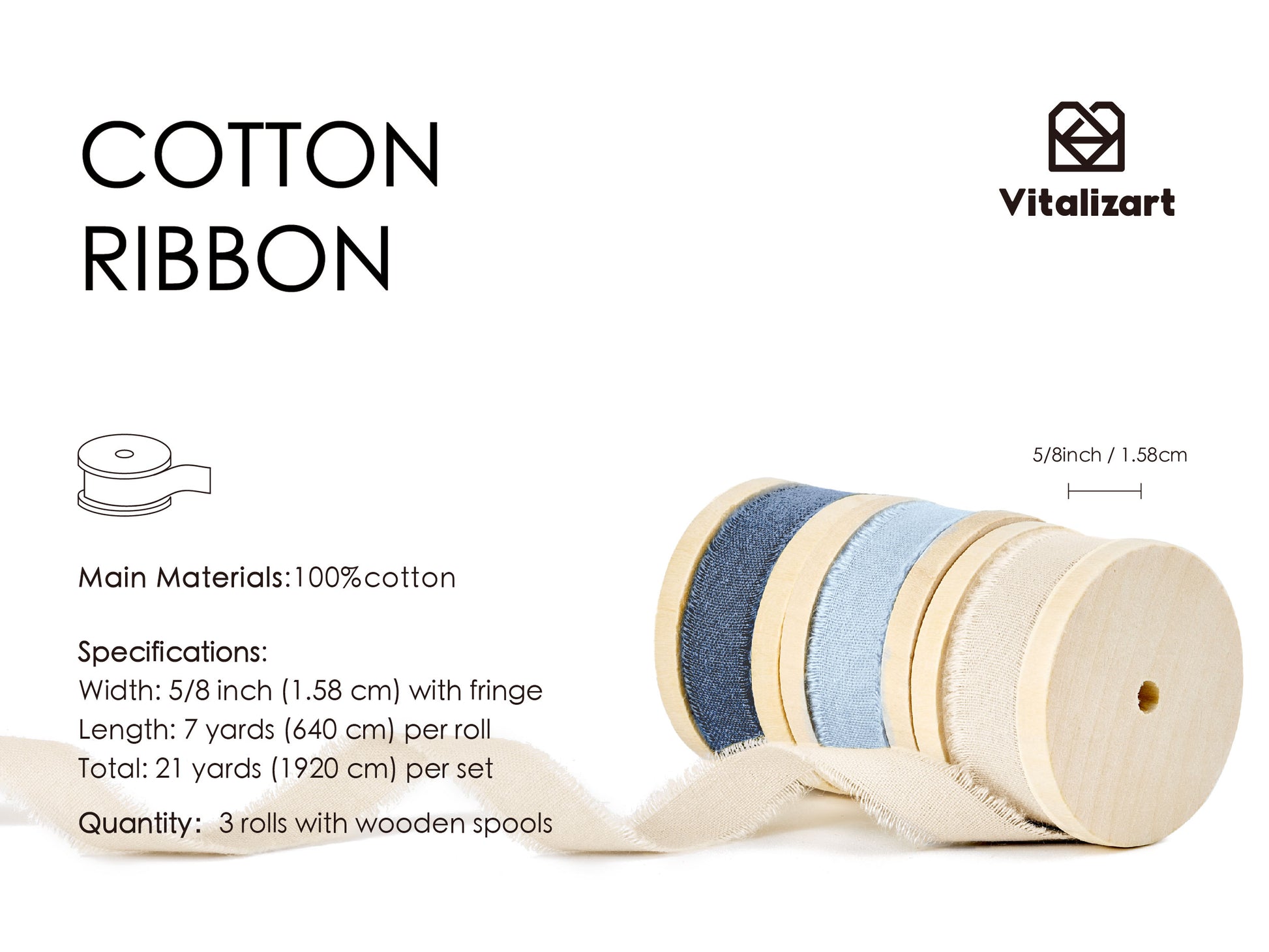 Cotton Ribbon Handmade Fringe 5/8" x 21 Yd (Blue Set) - Vitalizart