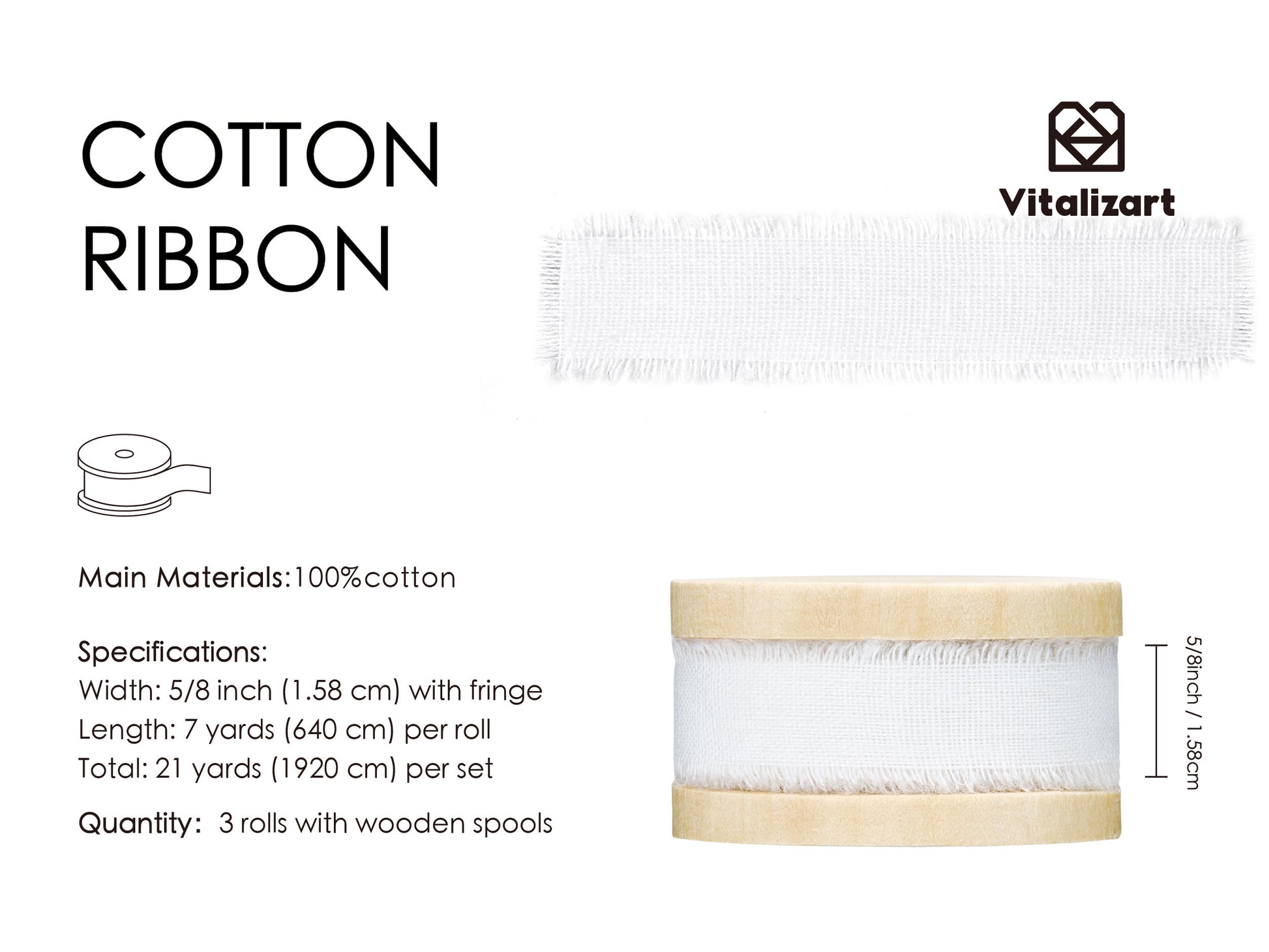 Cotton Ribbon Handmade Fringe 5/8" x 21 Yd (White) - Vitalizart