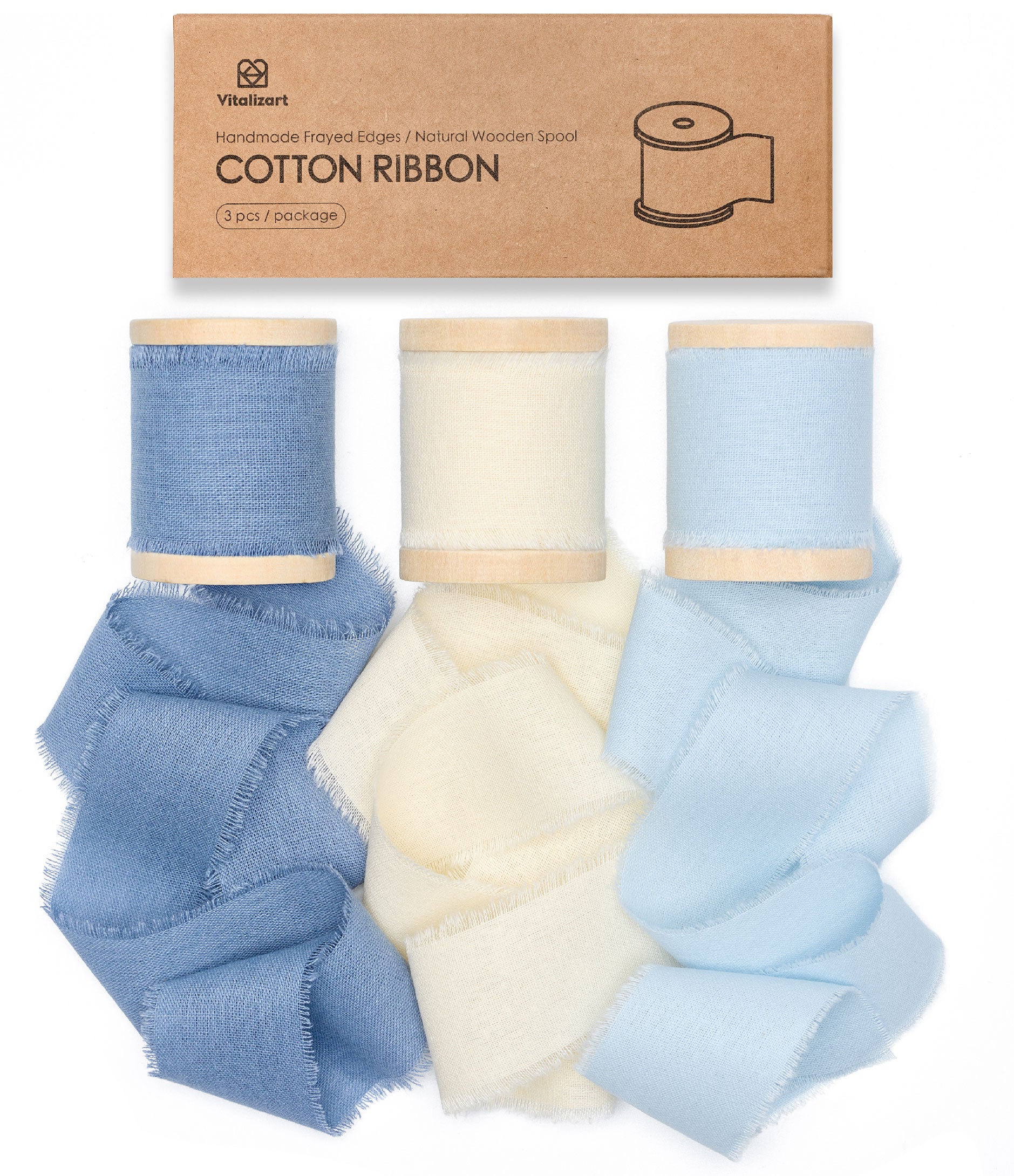 Cotton Ribbon Handmade Fringe 1.5" x 15 Yd (Blue & Cream) - Vitalizart