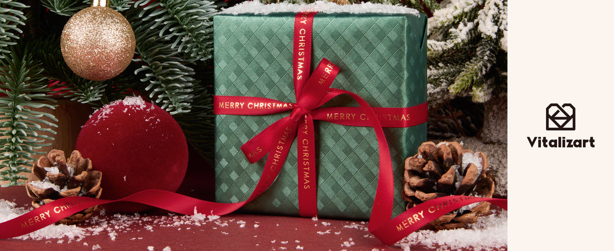 Five roll double face satin ribbon set with gold stamped holiday designs