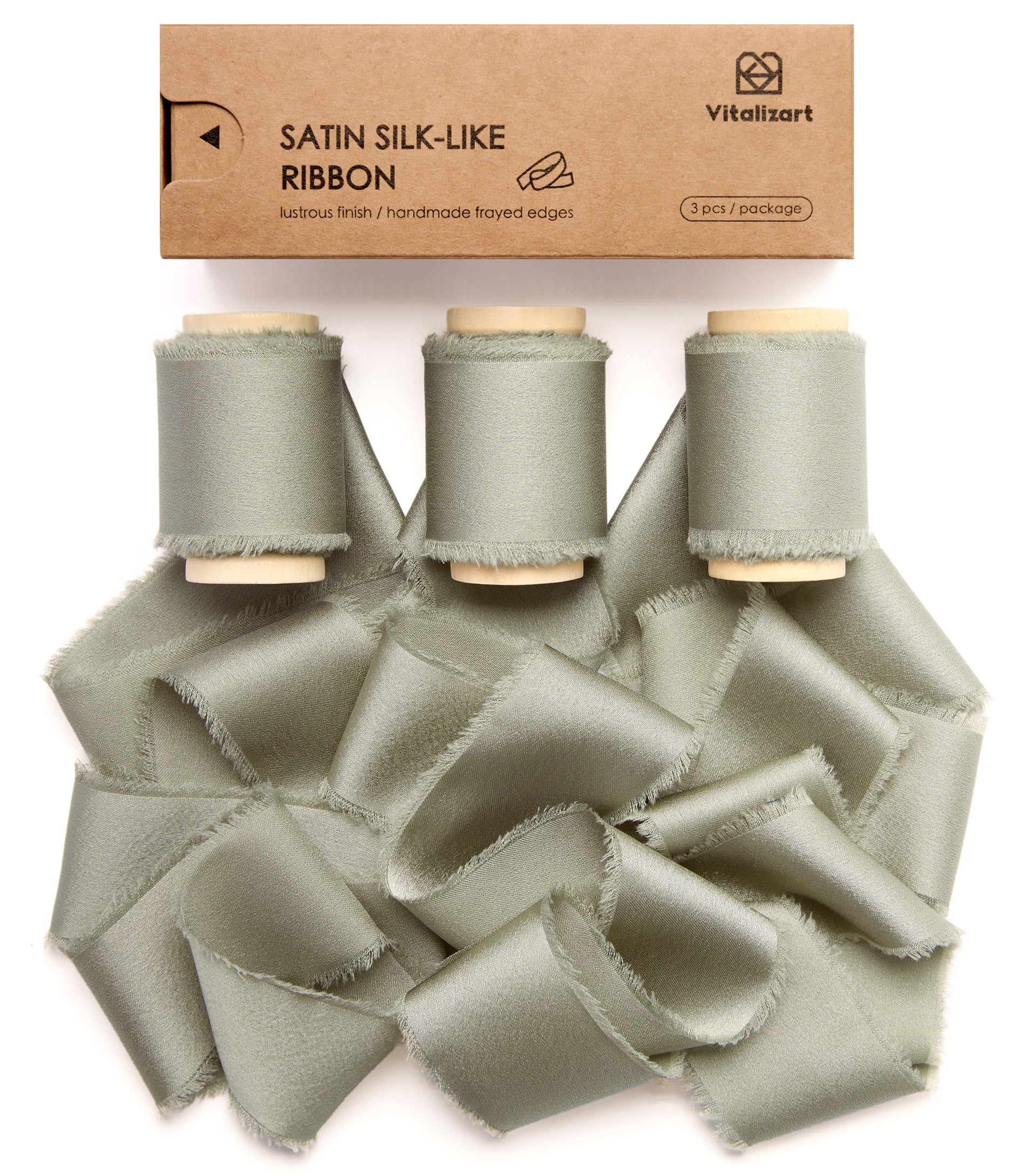 Silk Satin Ribbon with Wooden Spool 1.5” x 15 Yd (Dusty Green) - Vitalizart