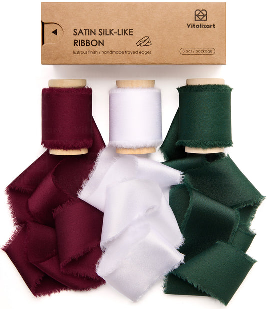 Silk Satin Ribbon with Wooden Spool 1.5" x 15 Yd (Red White Green)