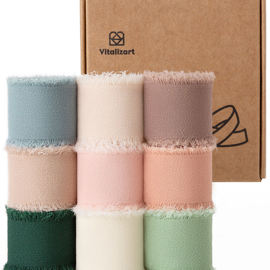 Nine chiffon ribbon rolls in assorted colors