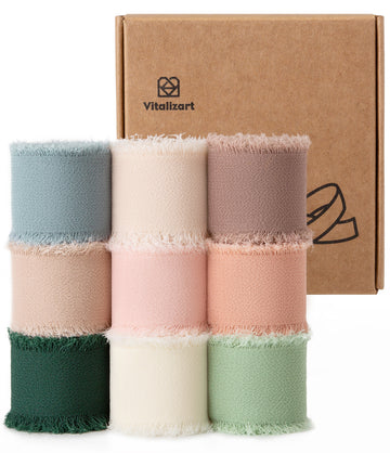 Nine chiffon ribbon rolls in assorted colors