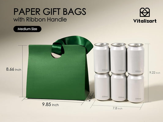 Set of 10 medium paper gift bags with ribbon handles in assorted colors