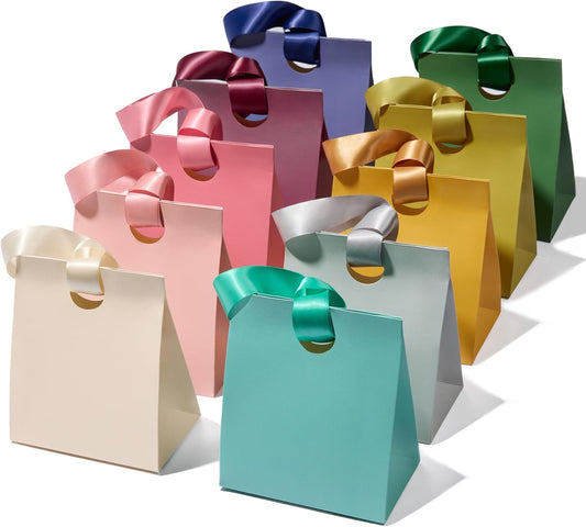 Set of 10 small paper gift bags with ribbon handles in assorted colors