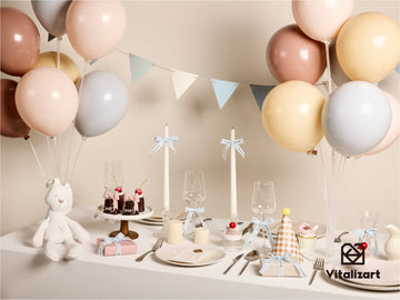 Pastel baby shower table setting with ribbon-wrapped favors and balloons