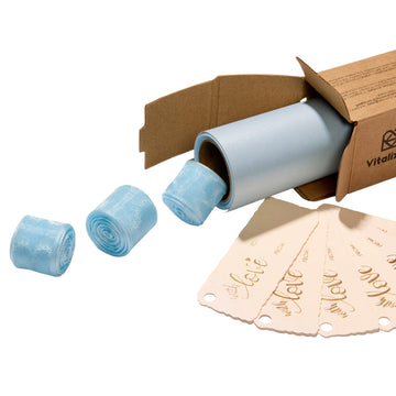 Blue wrapping paper, organza ribbons and ivory gift tags in a Vitalizart box