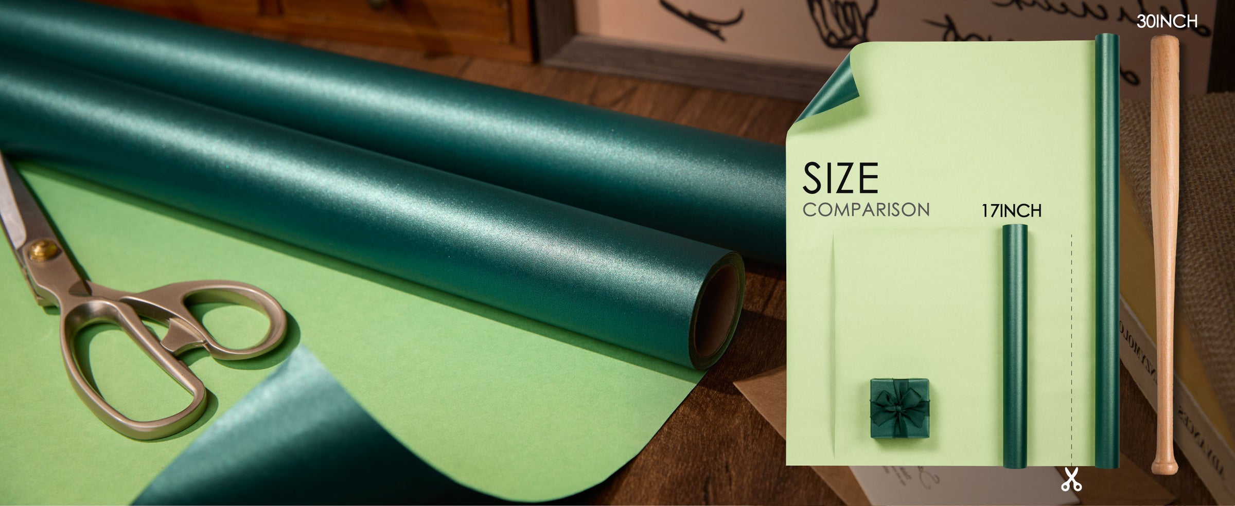 Green pearly wrapping paper with a diagram comparing its 17-inch width to a 30-inch reference