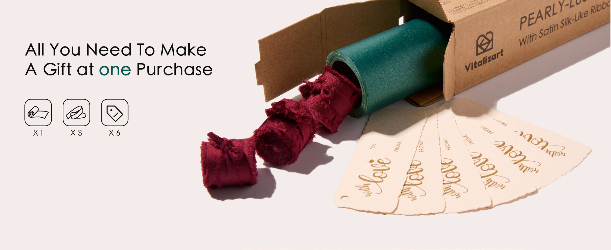 Green wrapping paper set with one pearly roll, three burgundy ribbons and six cream gift tags