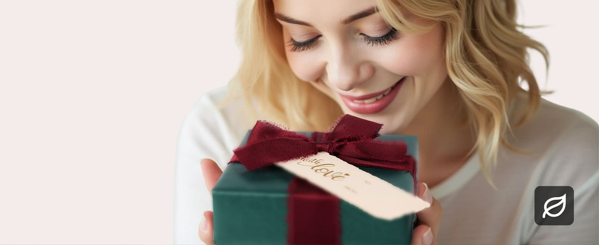 Woman holding a pearly green gift wrapped with a burgundy fabric bow and cream gift tag
