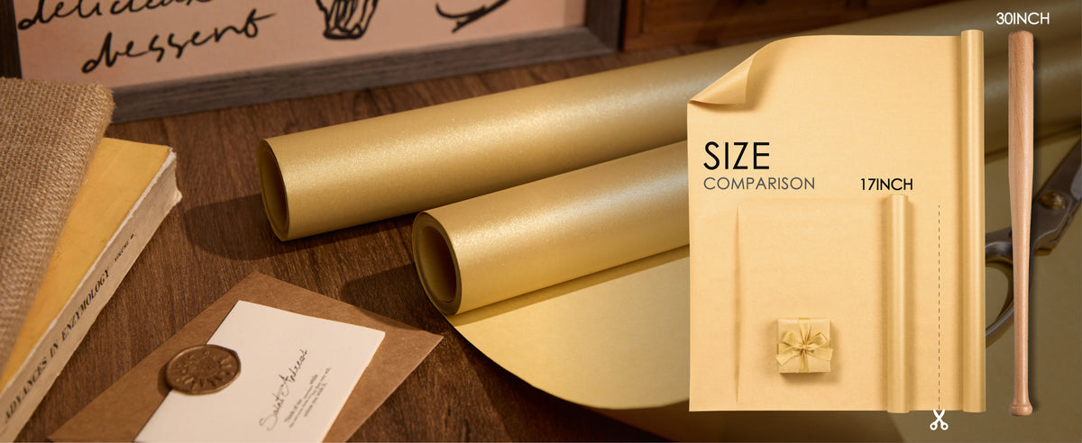 Gold pearly wrapping paper set shown with package dimensions and wrapping paper roll size details