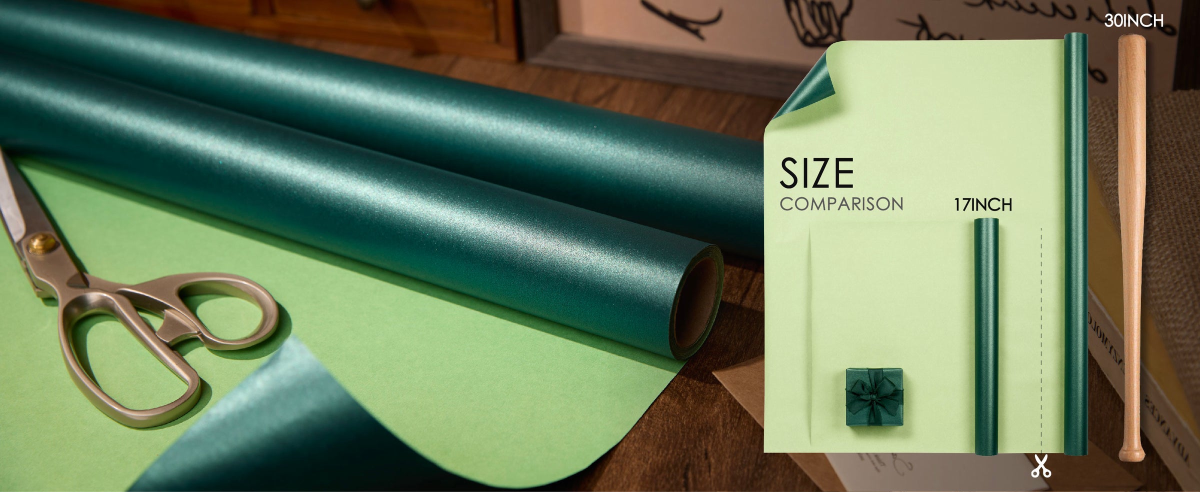 Pearly teal wrapping paper rolls with a diagram comparing 17-inch width to a 30-inch bat