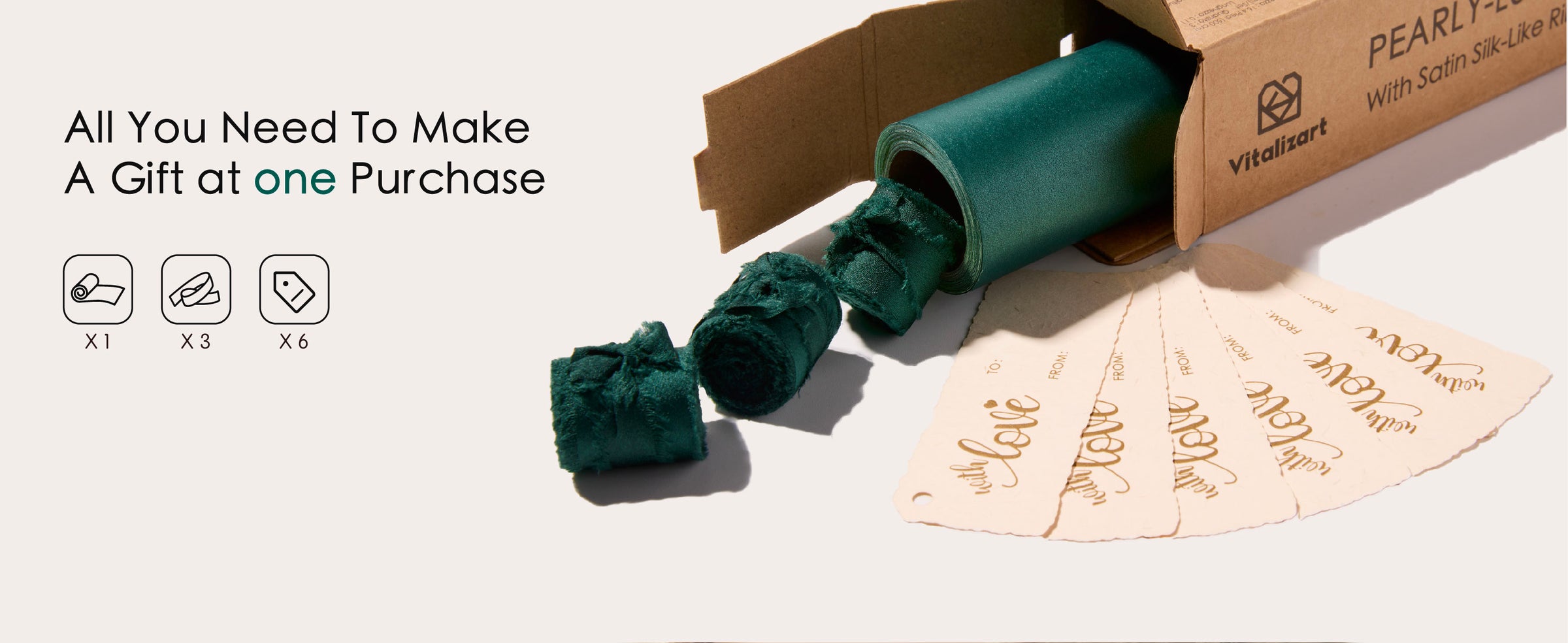 Teal green wrapping paper set with one roll, three matching ribbons and six cream gift tags