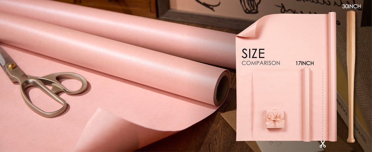 Pale pink pearly wrapping paper size comparison showing 17-inch and 30-inch widths with a cut line