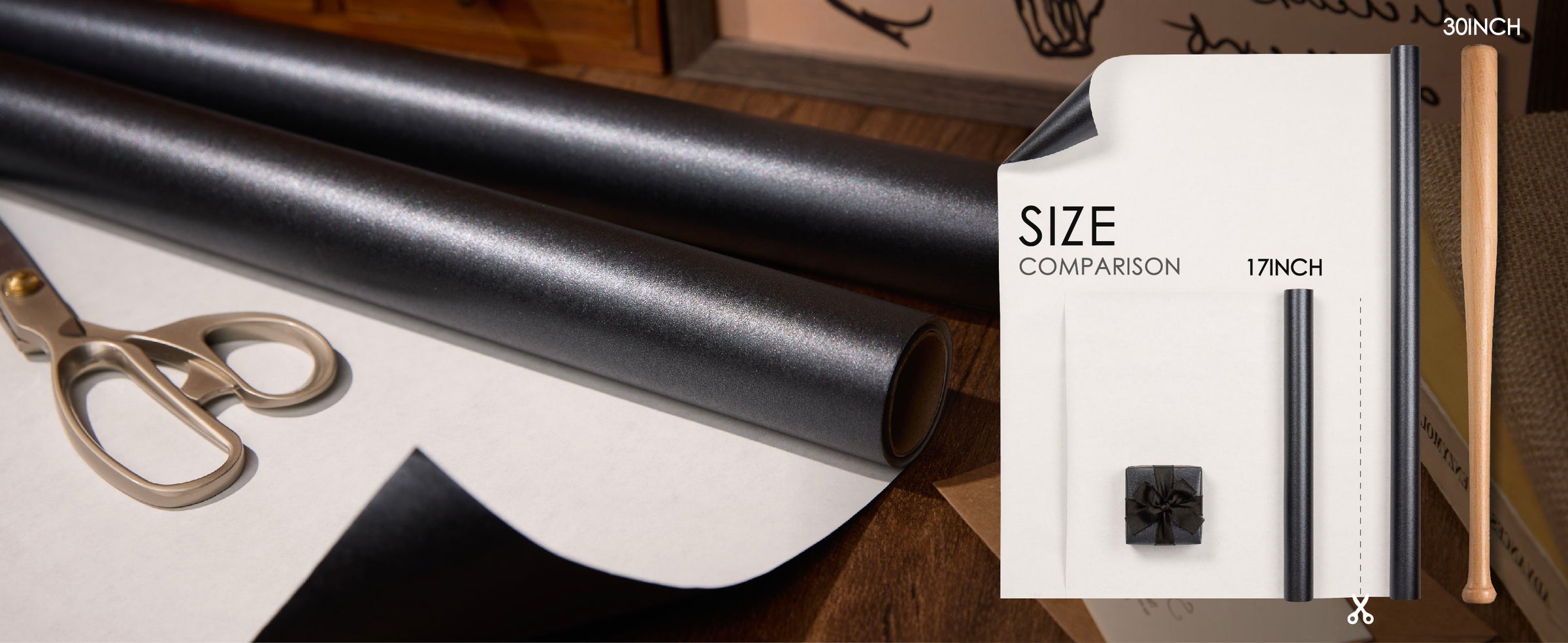 Dark pearly wrapping paper shown in a size comparison with 17-inch and 30-inch lengths