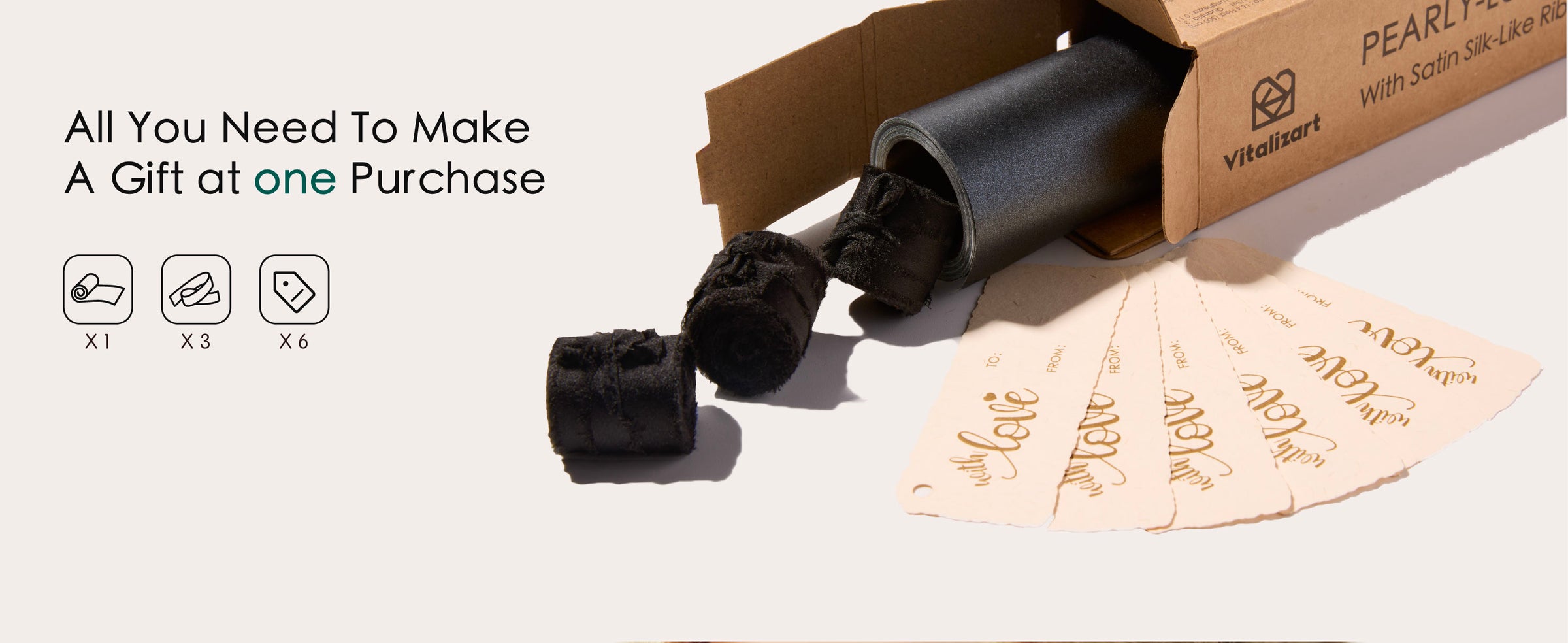 Black wrapping paper set with one pearly roll, three ribbon bundles and six cream gift tags